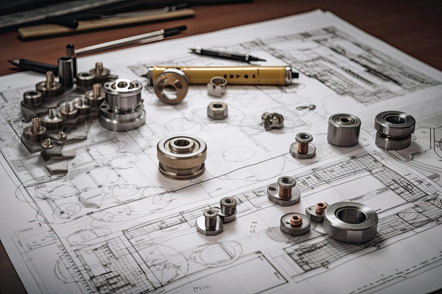 Engineering tools on the table with blueprint. Selective focus. Engineering and technician drawings and designs on table, photo