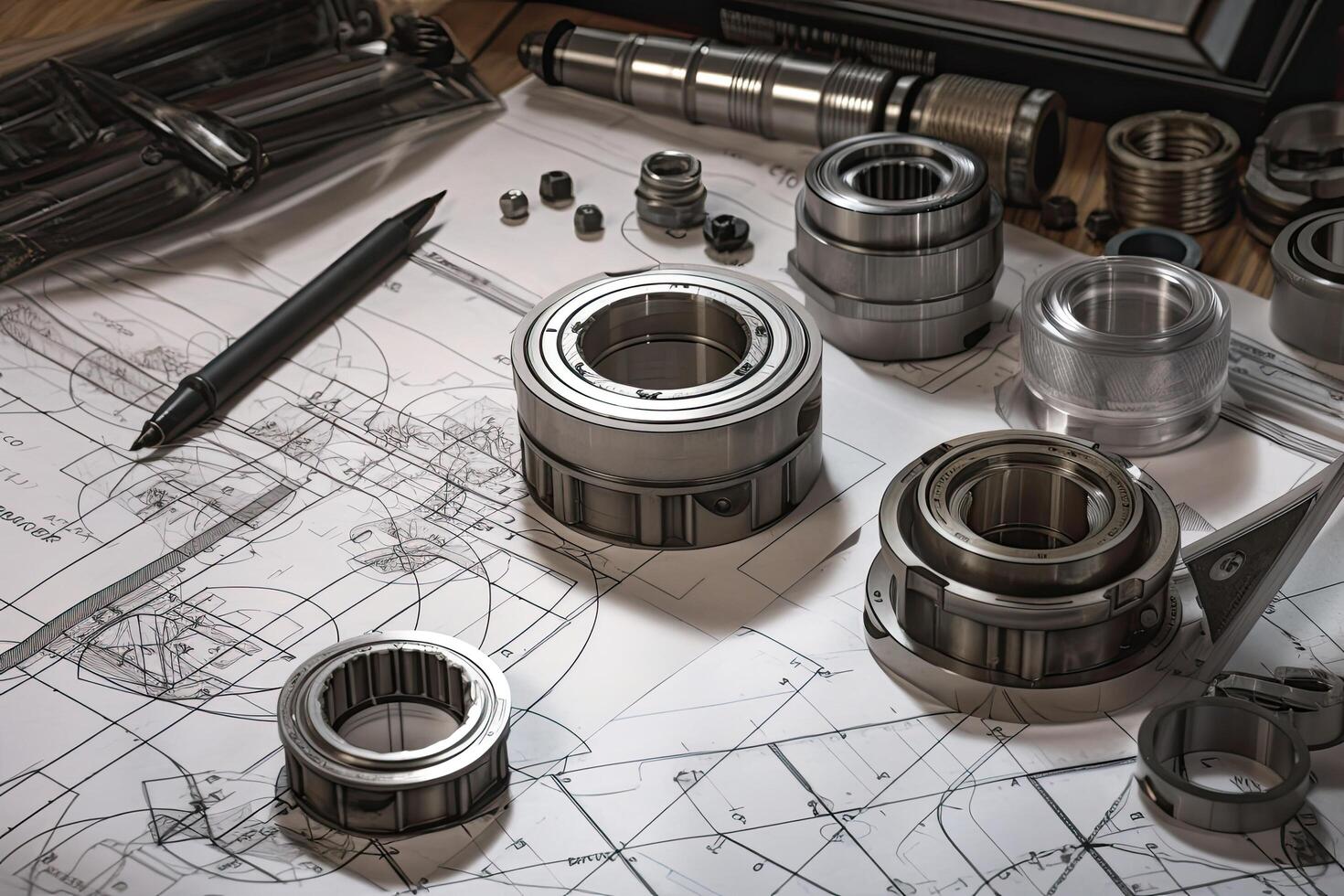 Set of metal ball bearing and other tools on the background of technical drawings, Engineering and technician drawings and designs on table, photo
