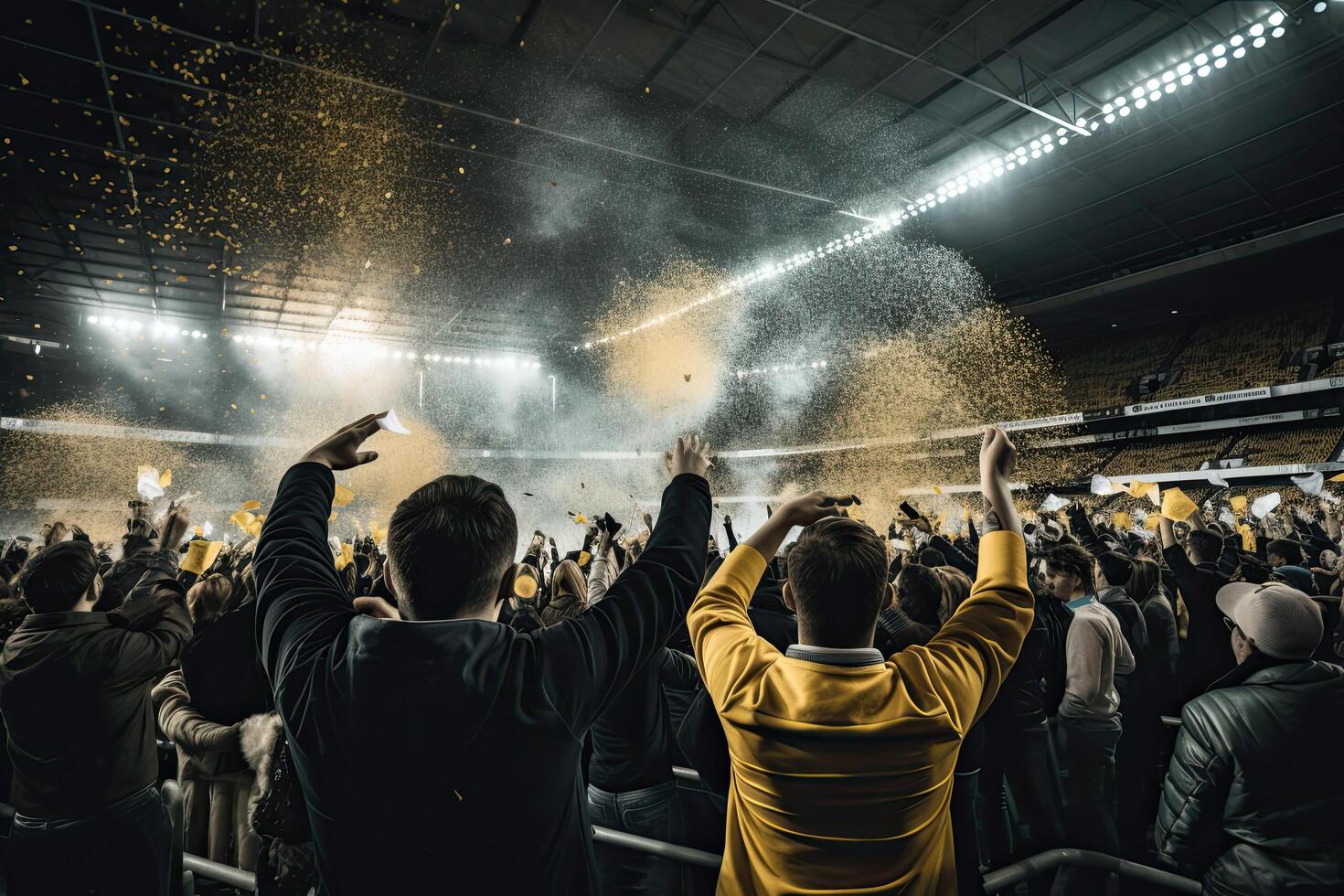 Rear view of a football fans in the stands of the stadium, Fans celebrating and cheering inside a stadium, photo