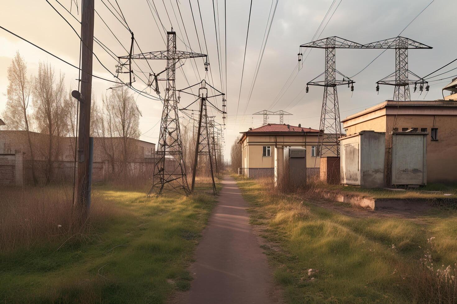 alto voltaje poder líneas en el campo. electricidad distribución estación. eléctrico subestación con poder líneas y transformador, ai generado foto