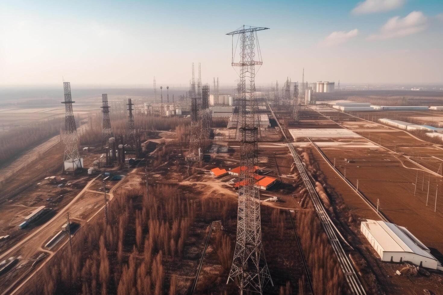 Aerial view of oil refinery and petrochemical plant. Industrial landscape. Ecological electrical power plants all in one frame, photo