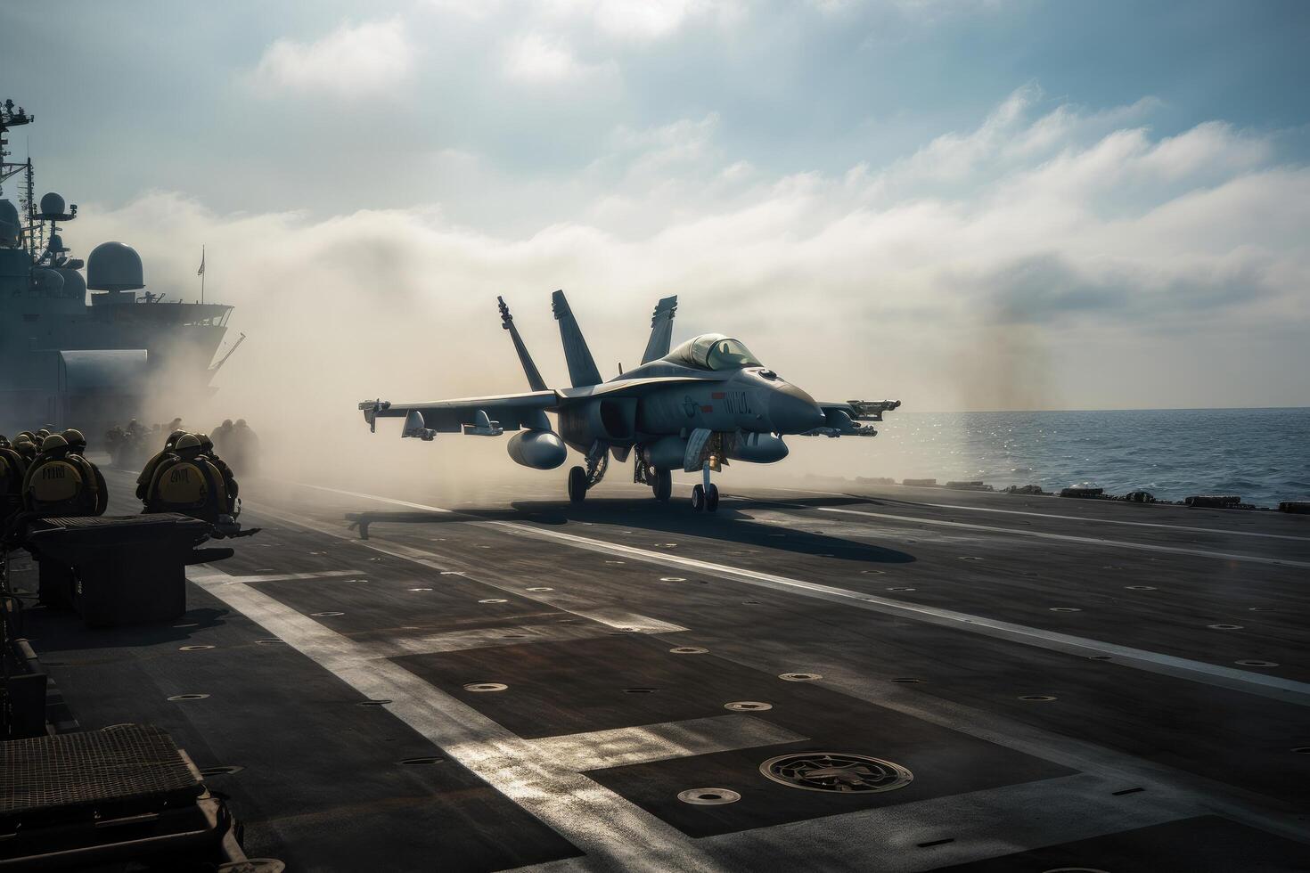 Fighter jet fighter on the deck of a military aircraft carrier. Fighter jets are taking off from an aircraft carrier, photo