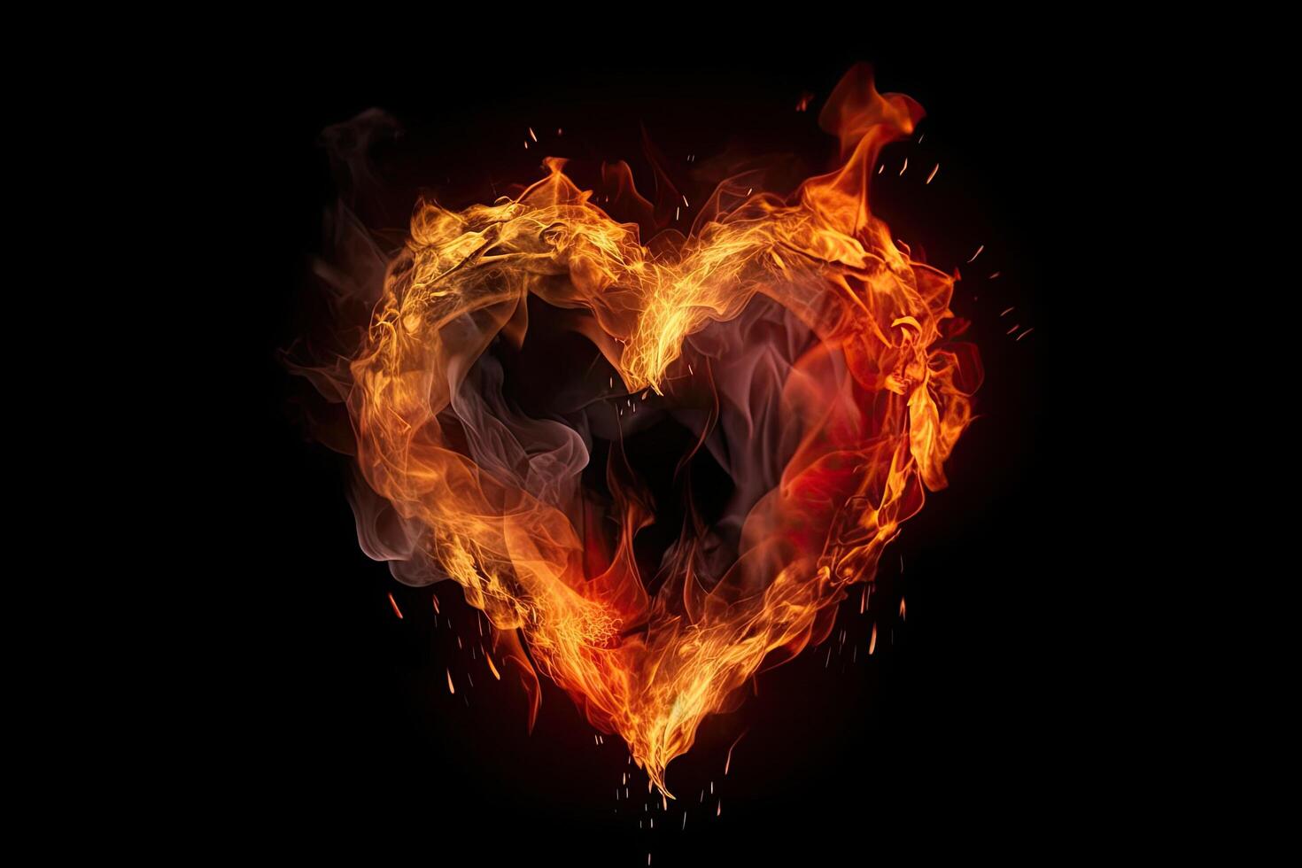 Burning heart on a black background. The concept of love and romance. Fire heart on a dark background, photo