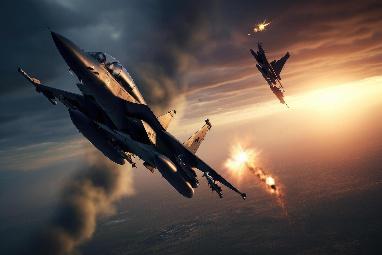 Fighter jet fighter in the sky at sunset. 3d rendering, Fighter jet shooting on another fighter jet, photo