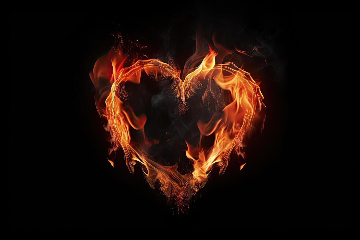 Heart shaped fire flames isolated on black background. 3D illustration. Fire heart on a dark background, photo