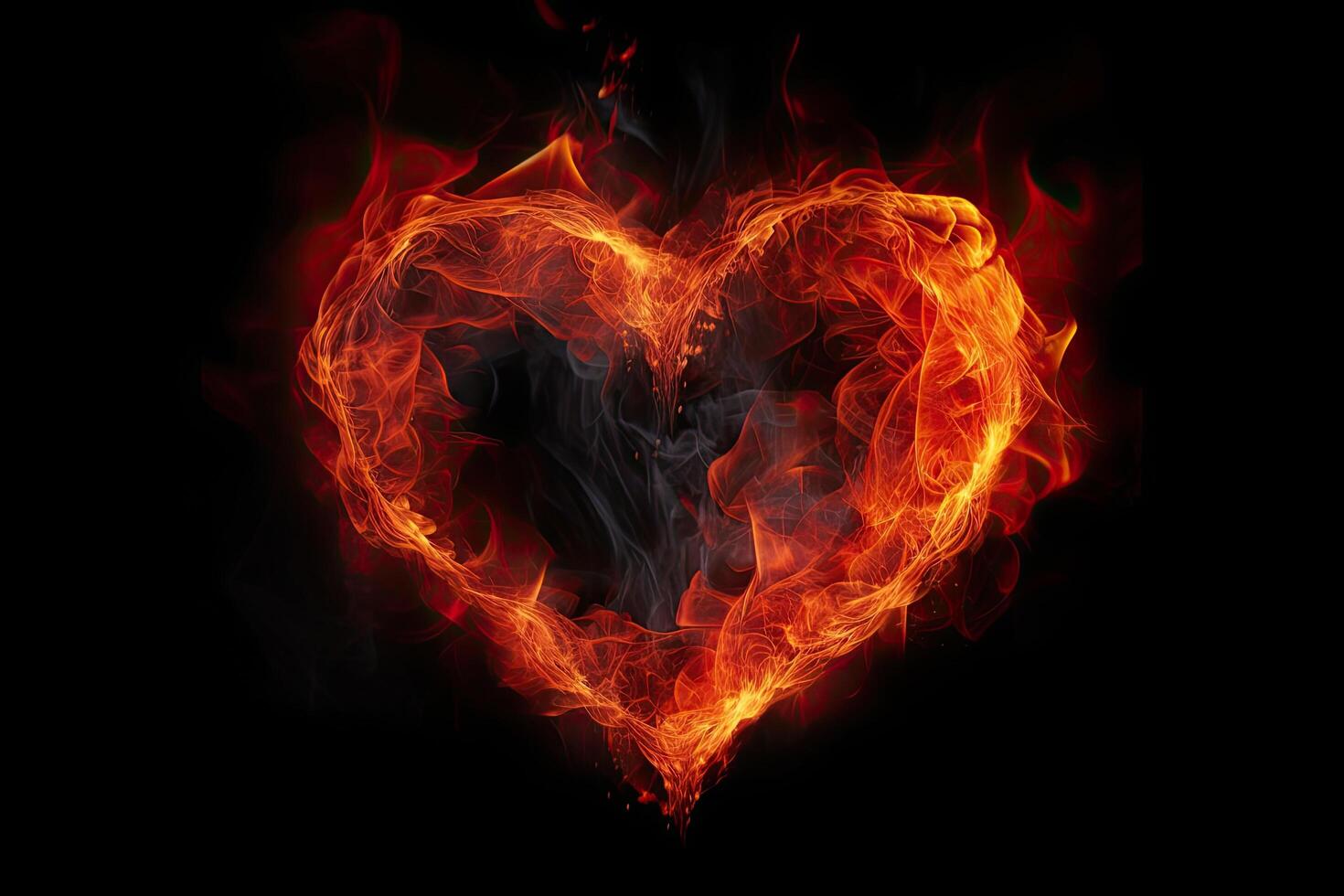 Burning heart on a black background. Fire in the form of a heart. Fire heart on a dark background, photo