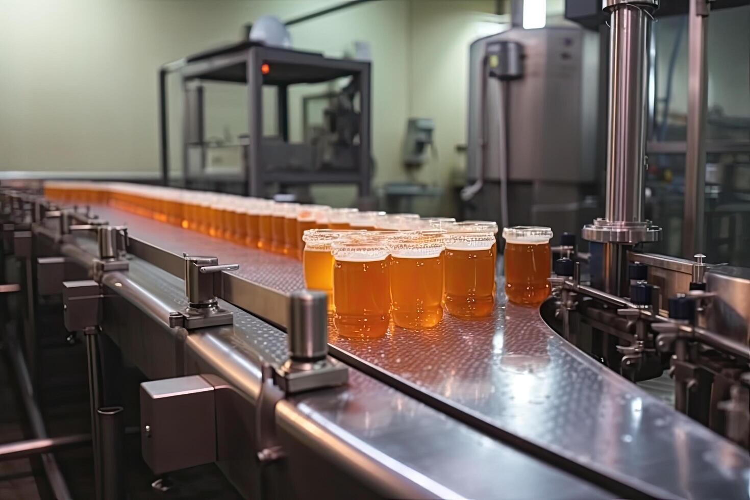 transportador cinturón con botellas de cerveza a cervecería fábrica, de cerca, Fruta jugo fábrica producción línea con bebida, ai generado foto