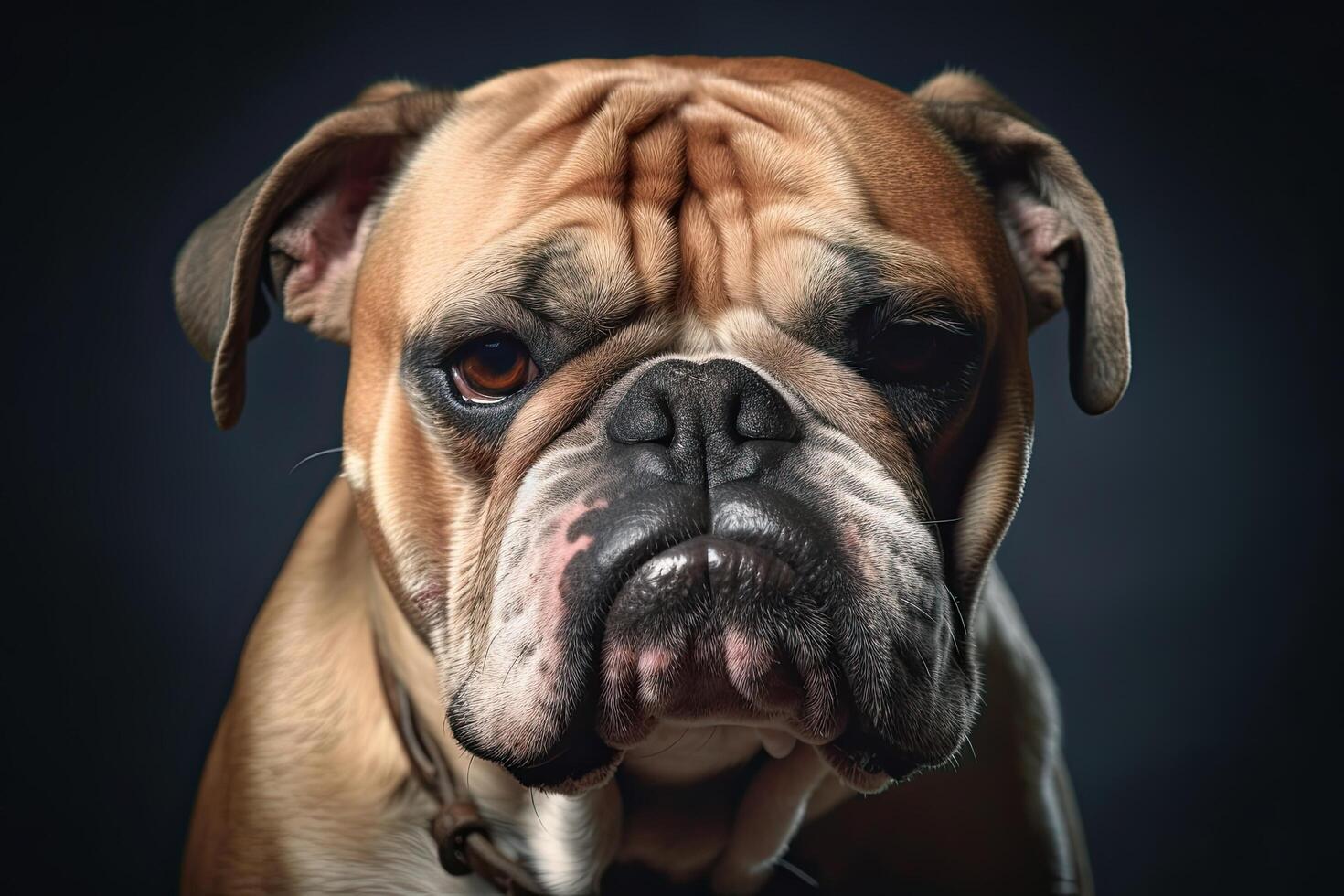 retrato de un perro raza Inglés buldog en un oscuro fondo, gracioso perro disgustado cara cerca arriba, ai generado foto