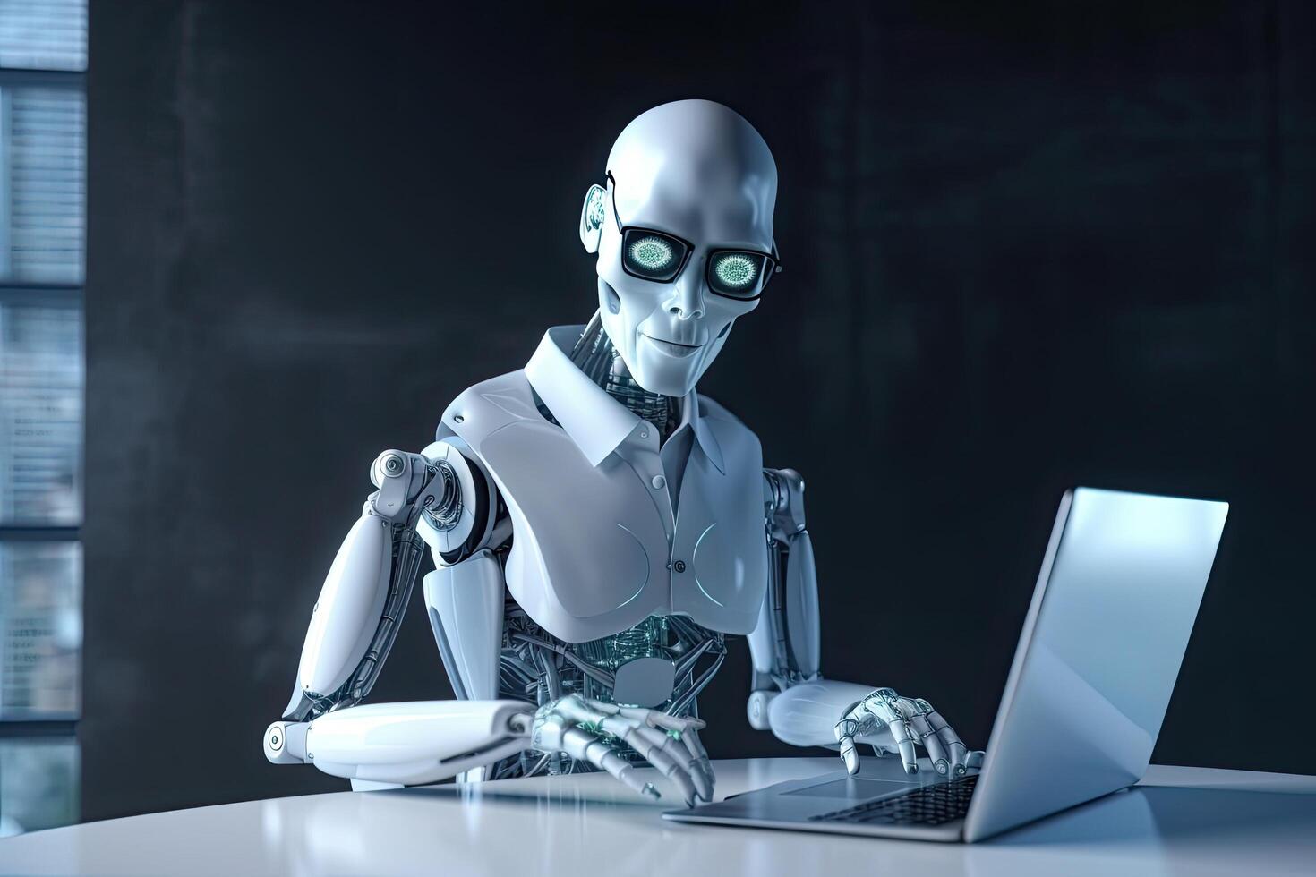 3d rendering humanoid robot working with laptop on table in dark room, Futuristic AI robot accountant wearing an eyeglass, photo