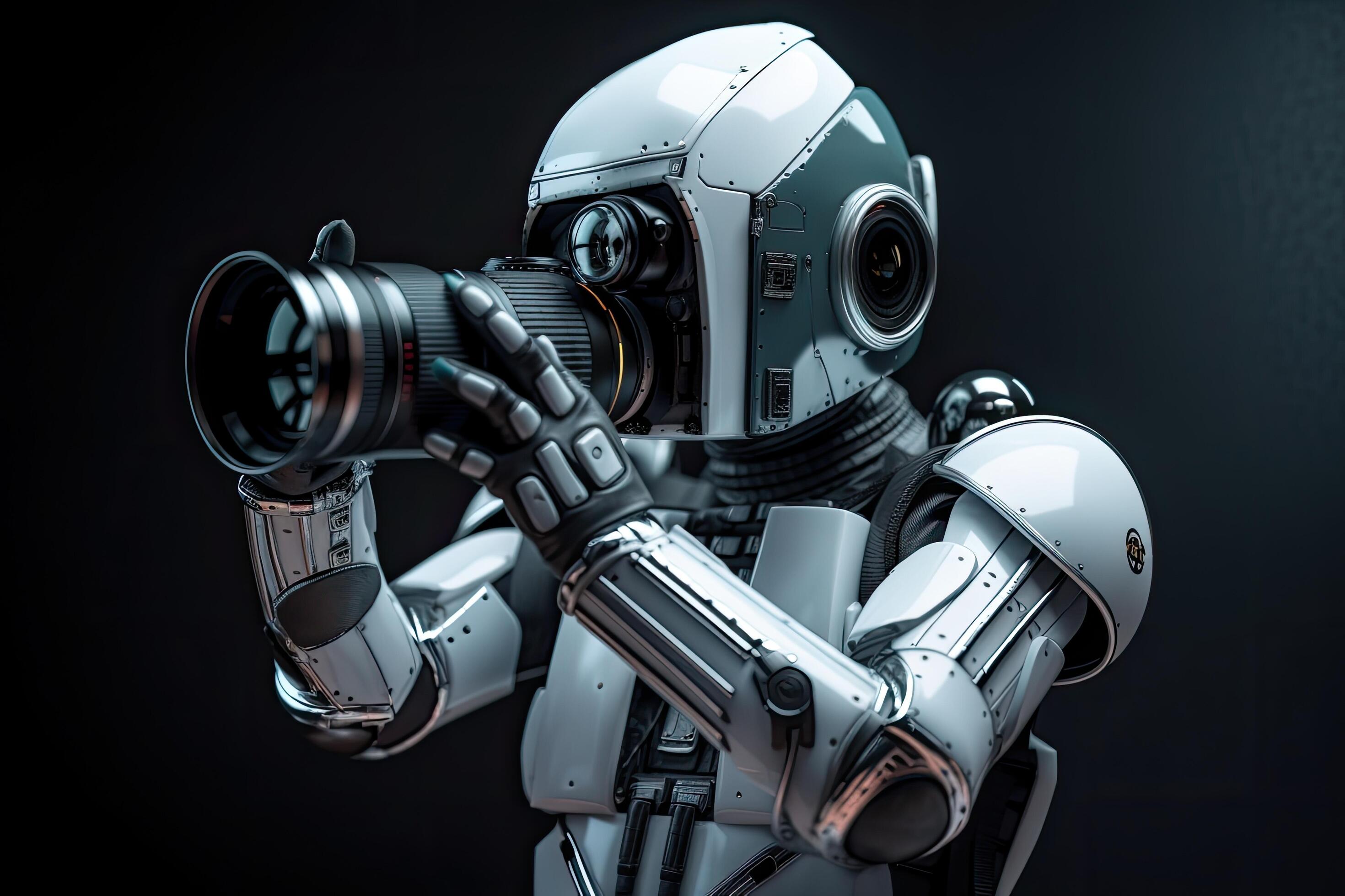 Robot with camera on a dark background. 3d rendering. Futuristic AI