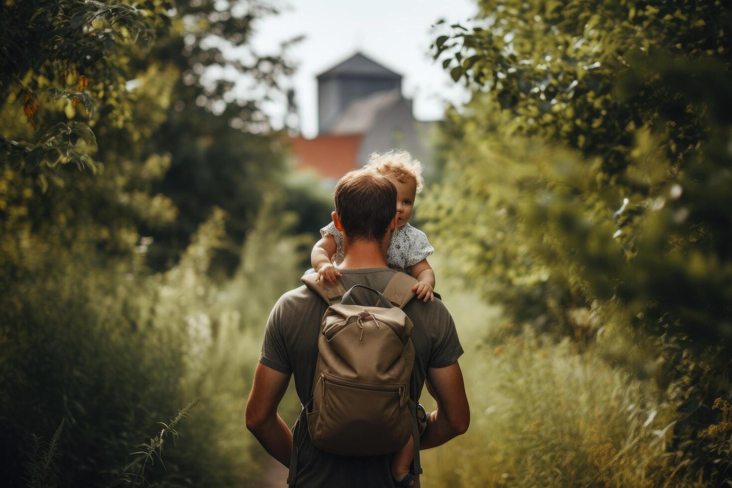 Father and son are walking in the park. A man with a child in his arms. A man with a child travels with a backpack.Full rear view of a father carrying his baby on hill photo