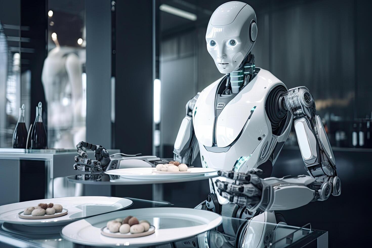 3d rendering humanoid robot with plate of dumplings in restaurant, Futuristic AI robot serving dishes in the restaurant, photo