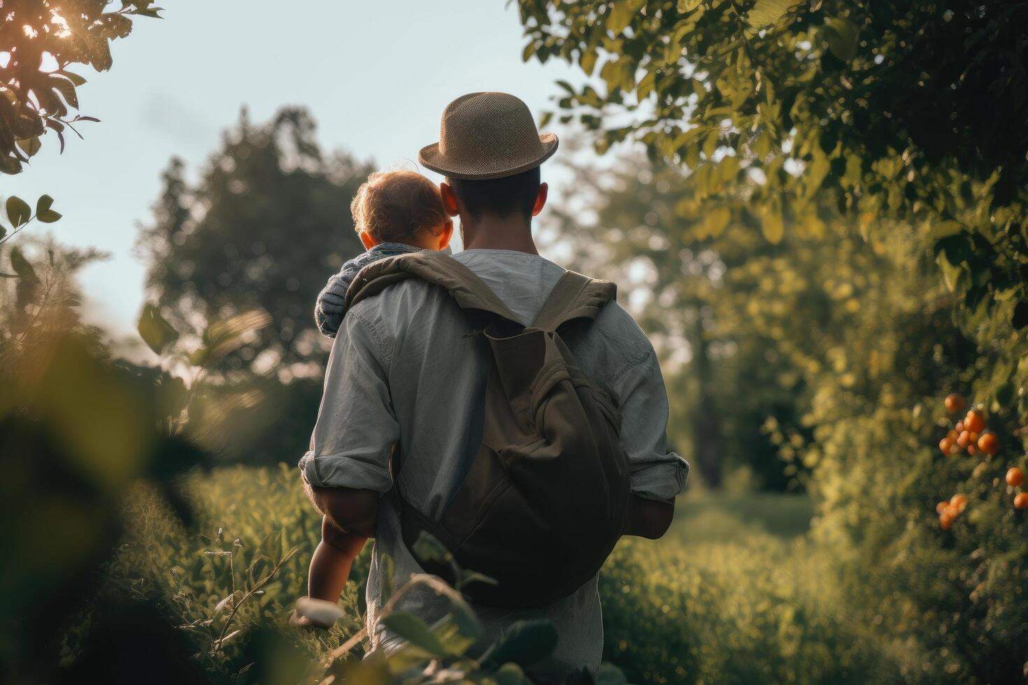 Back view of father and son walking in the garden. Father's day concept,Full rear view of a father carrying his baby on hill photo
