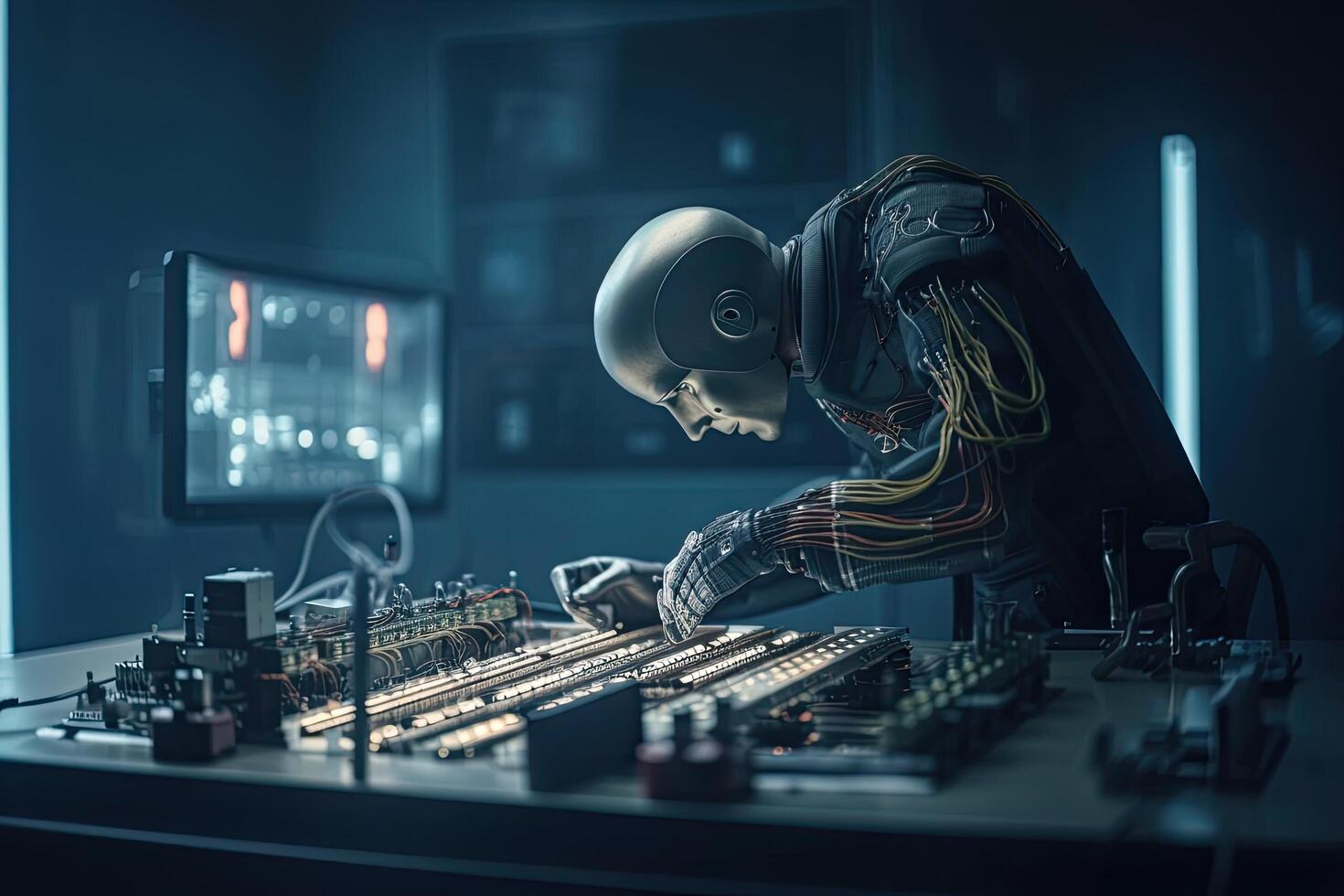 Welder working on a computer in a dark room. 3d rendering. Futuristic Ai robot technician repairing an electric, photo