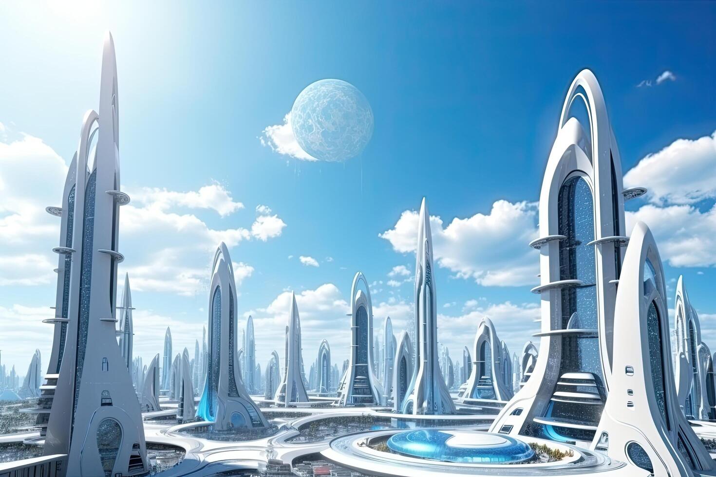 Futuristic city in the blue sky. 3D rendering. Futuristic Alien city with a blue sky, photo