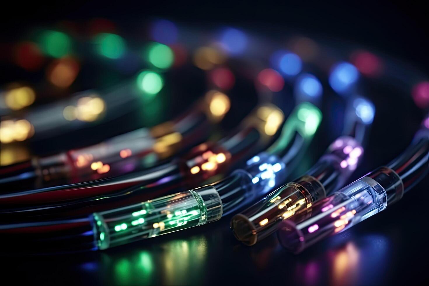 Fiber optic cables close up on a dark background with colored lights, Futuristic data transfer cables close up shot, photo
