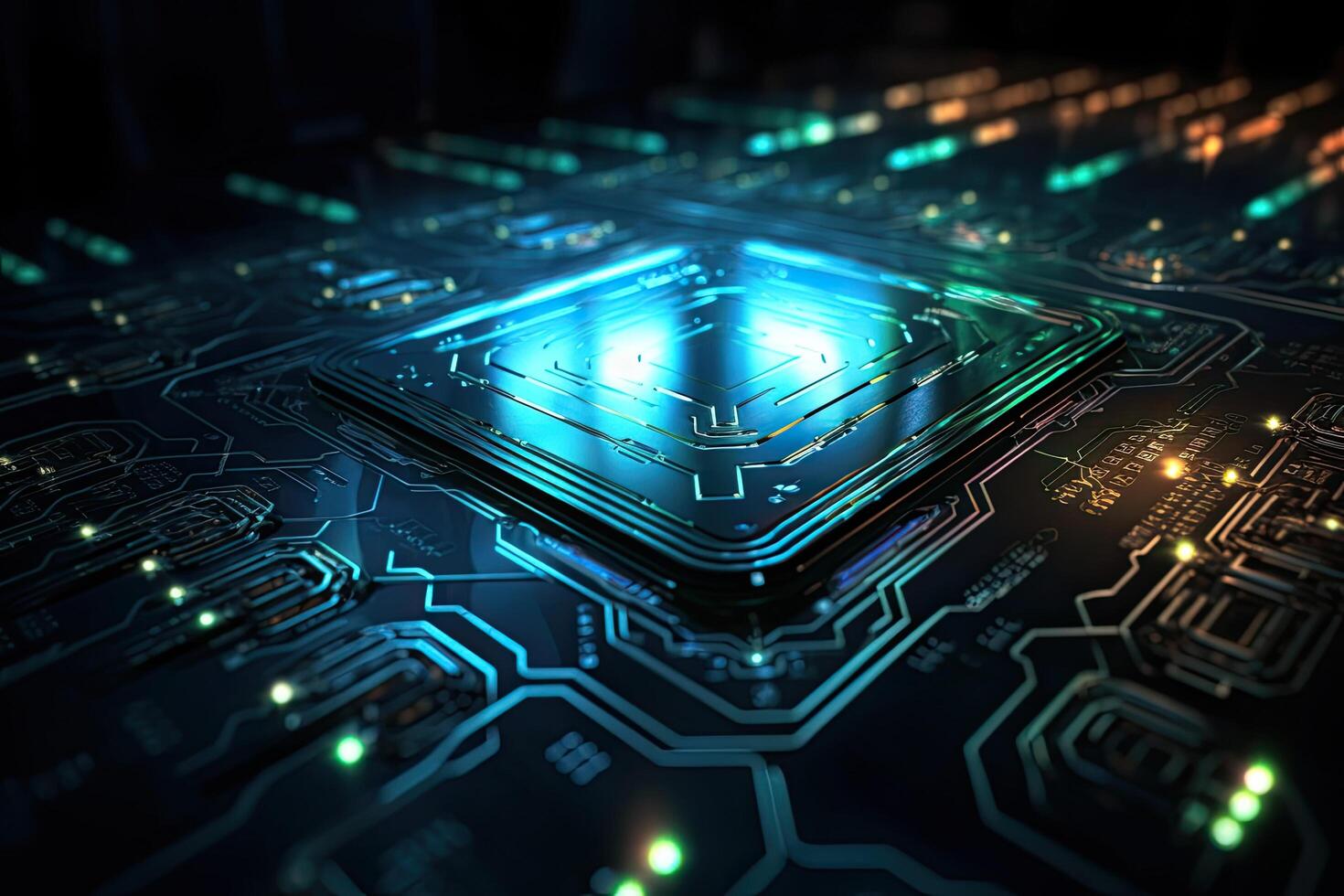 3d rendering of CPU with a circuit board on dark background. Technology concept, Futuristic microchip surface closeup with glowing light, photo
