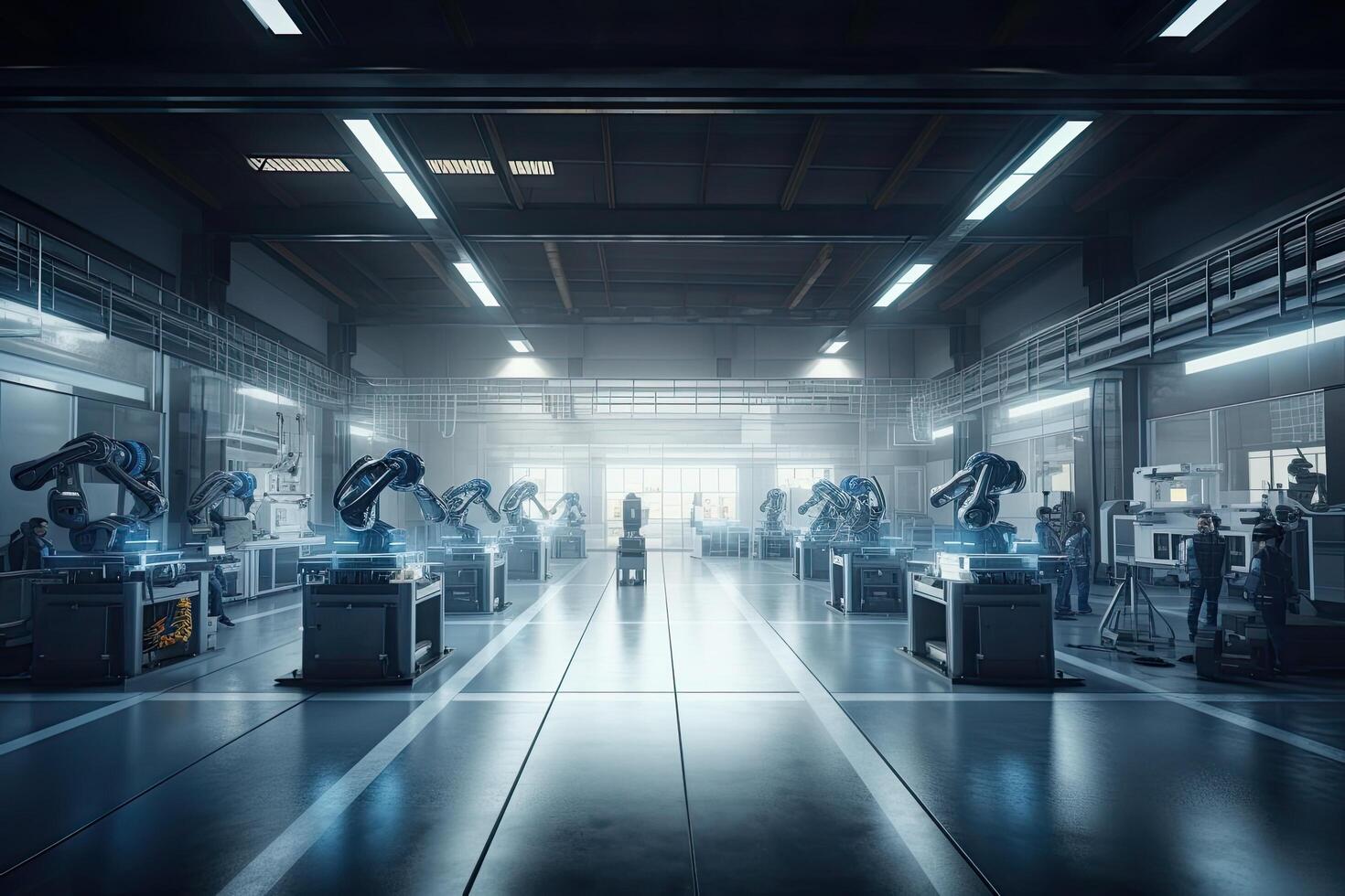 Industrial robot assembly line. 3d rendering toned image double exposure, Futuristic AI robot workers working in an industry, photo