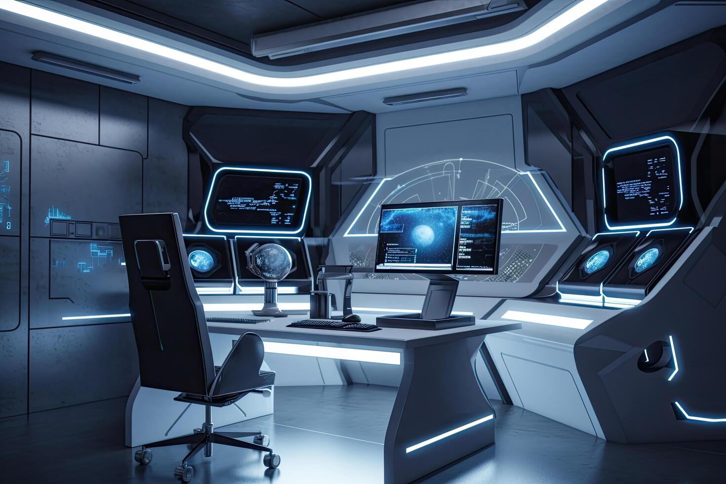 3D rendering of a control room in a spaceship with neon lights, futuristic office room with office desk and computer, photo