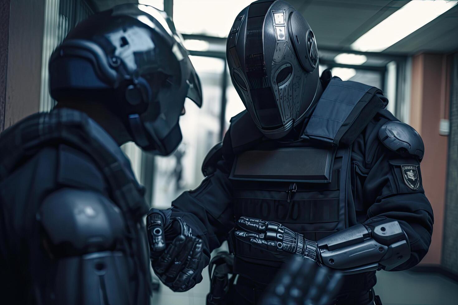 Special forces of the future. Special forces of the future. Special forces of the future. Futuristic Robot police catching and arresting, photo