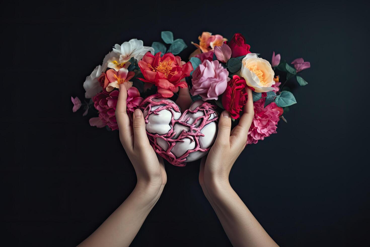 Female hands holding a heart made of artificial flowers on a black background, Hands holding heart with flowers love, photo