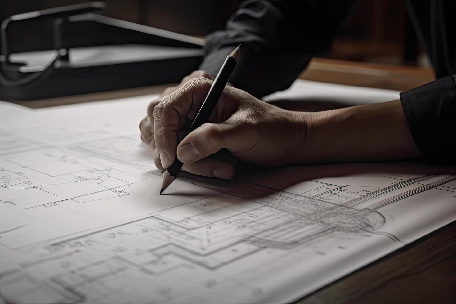 Businessman signing a contract, closeup of hands with pen. Hands of architects or engineers working on blueprint, photo