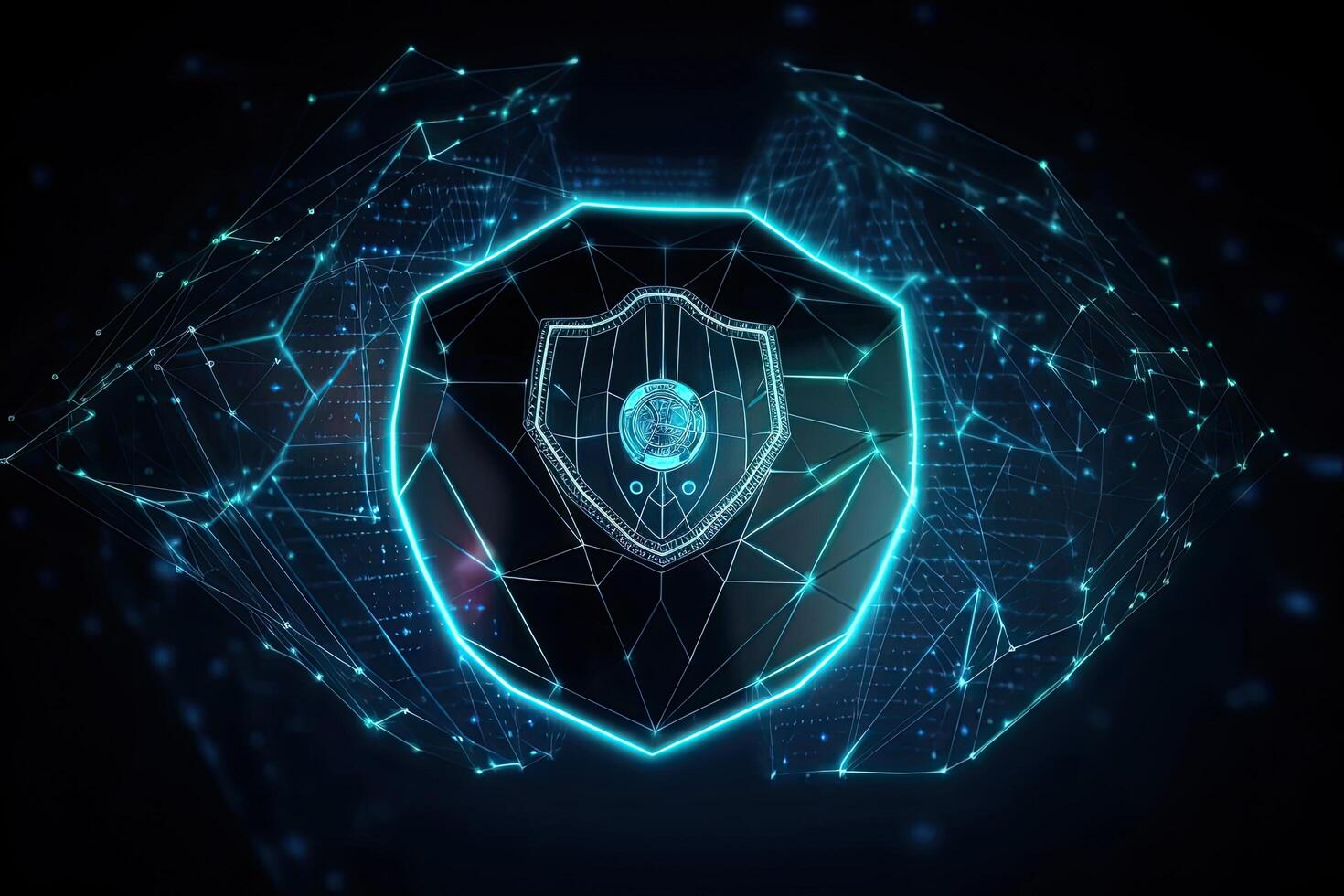 Digital shield hologram on blue background. Security concept. 3D Rendering, Futuristic technological shield icon, photo