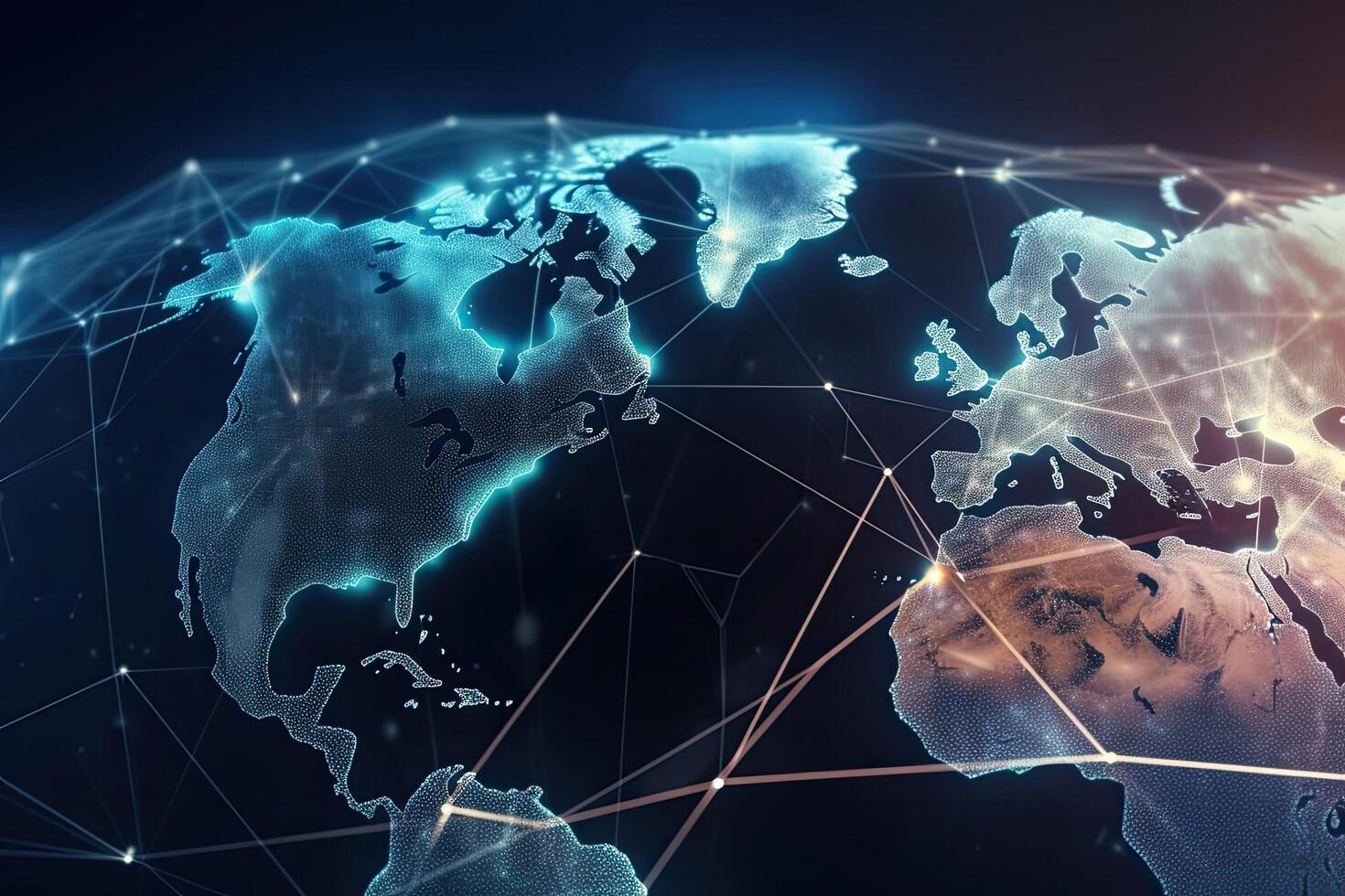 Global network connection and data exchanges over the world. 3D rendering, Global world network and telecommunication blockchain, photo