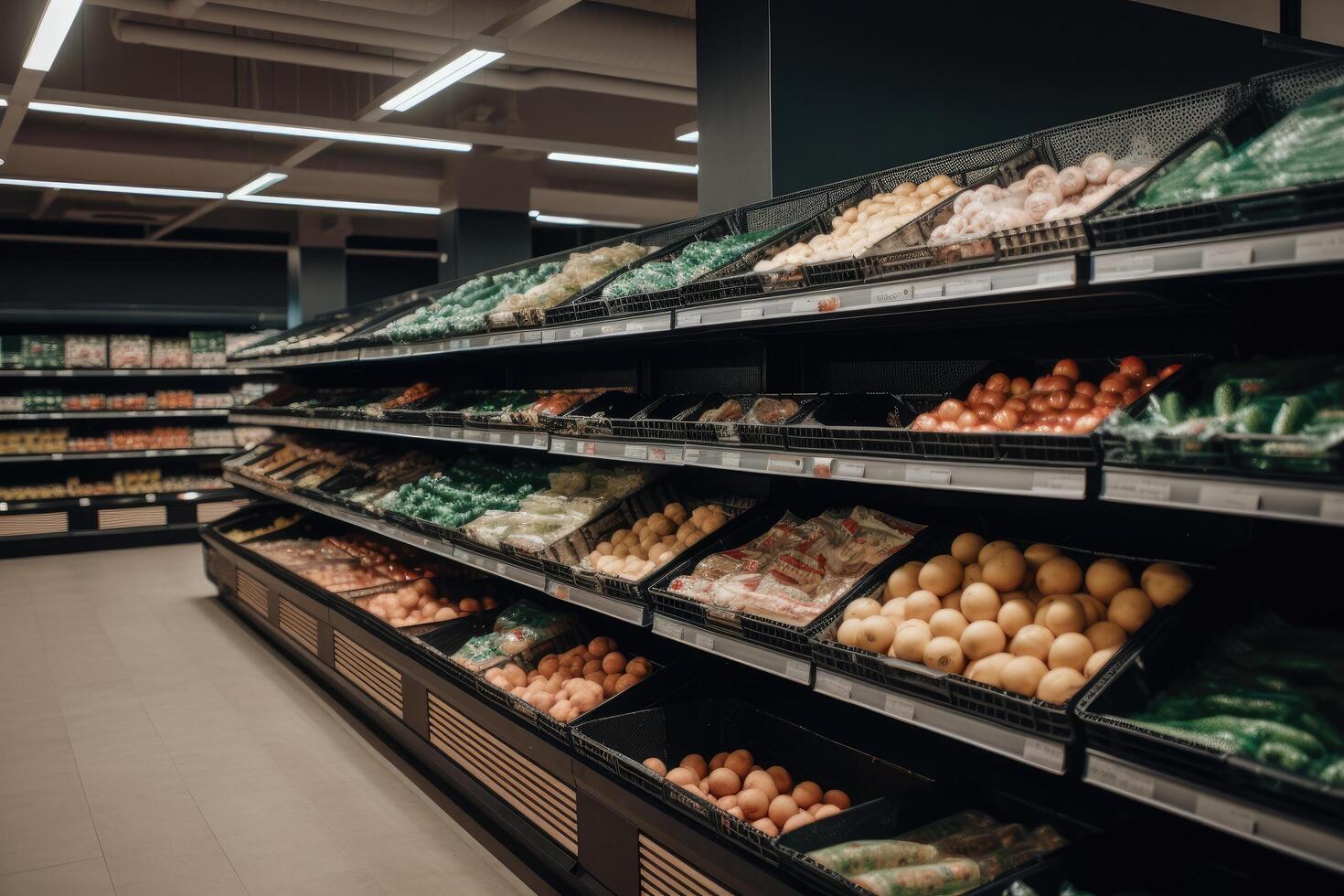 Supermarket aisle with fresh fruits and vegetables in grocery store or supermarket, Grocery and vegetable shelves in the supermarket, photo