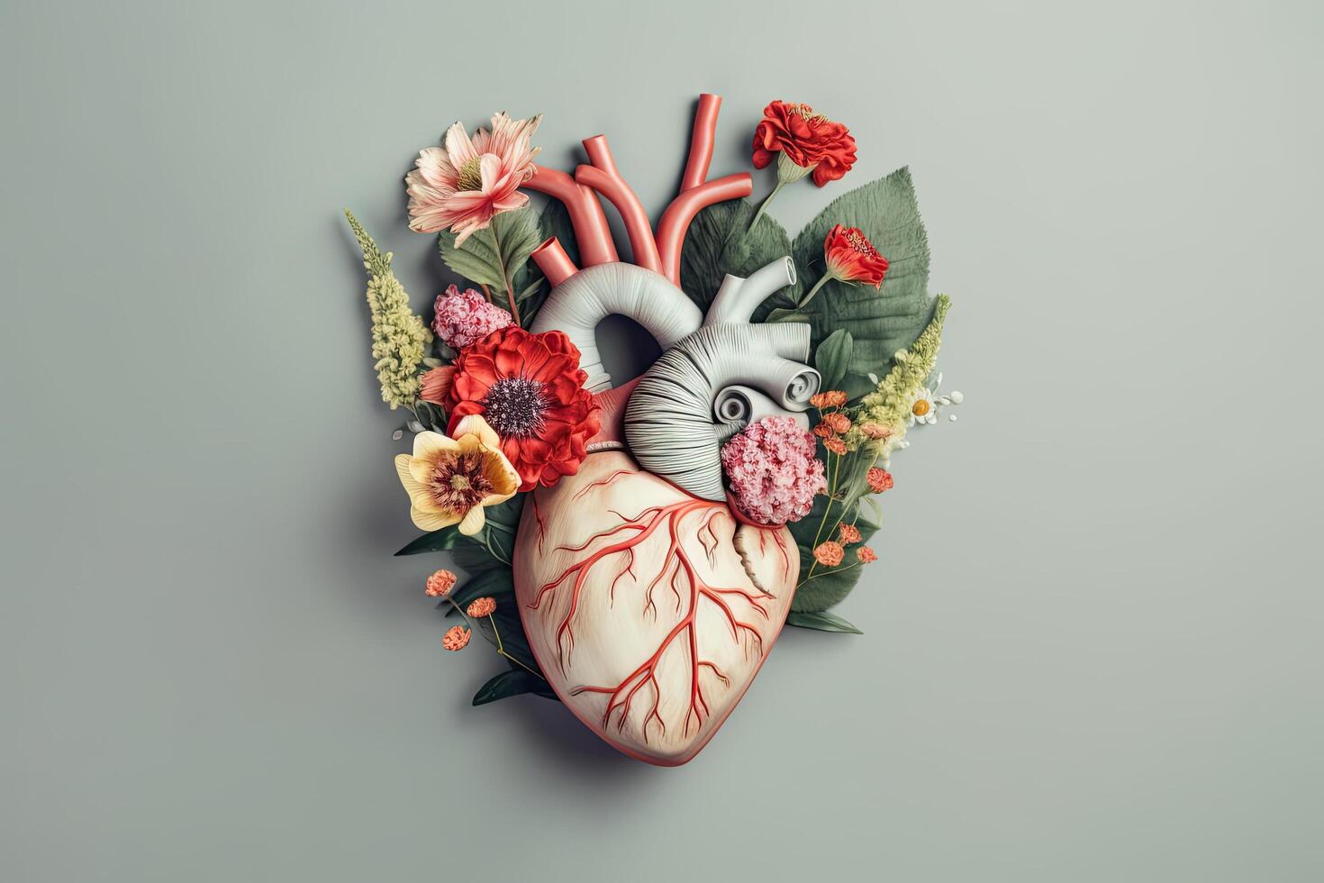 corazón con humano Organo y flores en gris antecedentes. concepto de sano corazón. humano corazón con flores amor y emoción concepto, ai generado foto