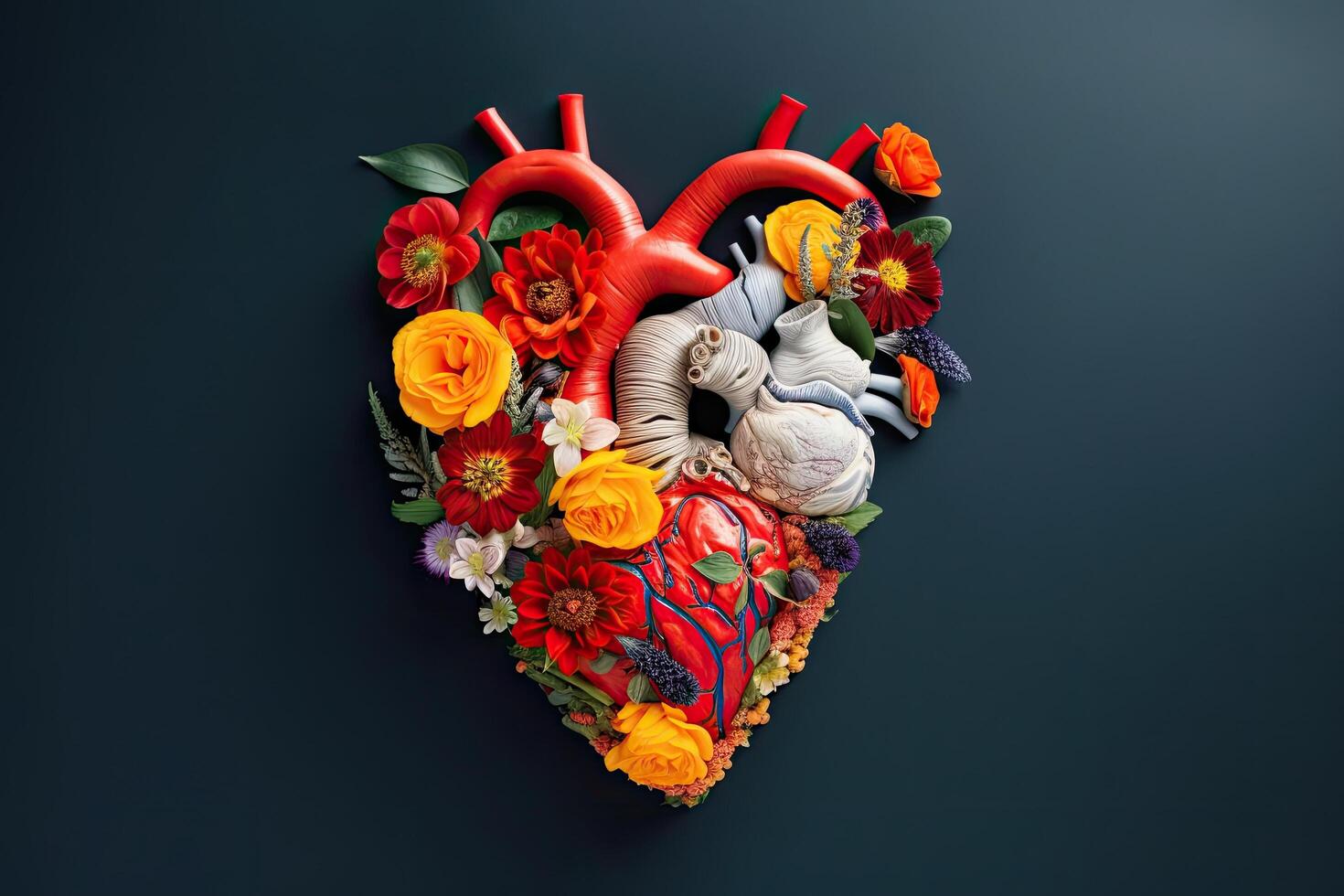 Human heart made of flowers on dark background. Concept of health care. Human heart with flowers love and emotion concept, photo
