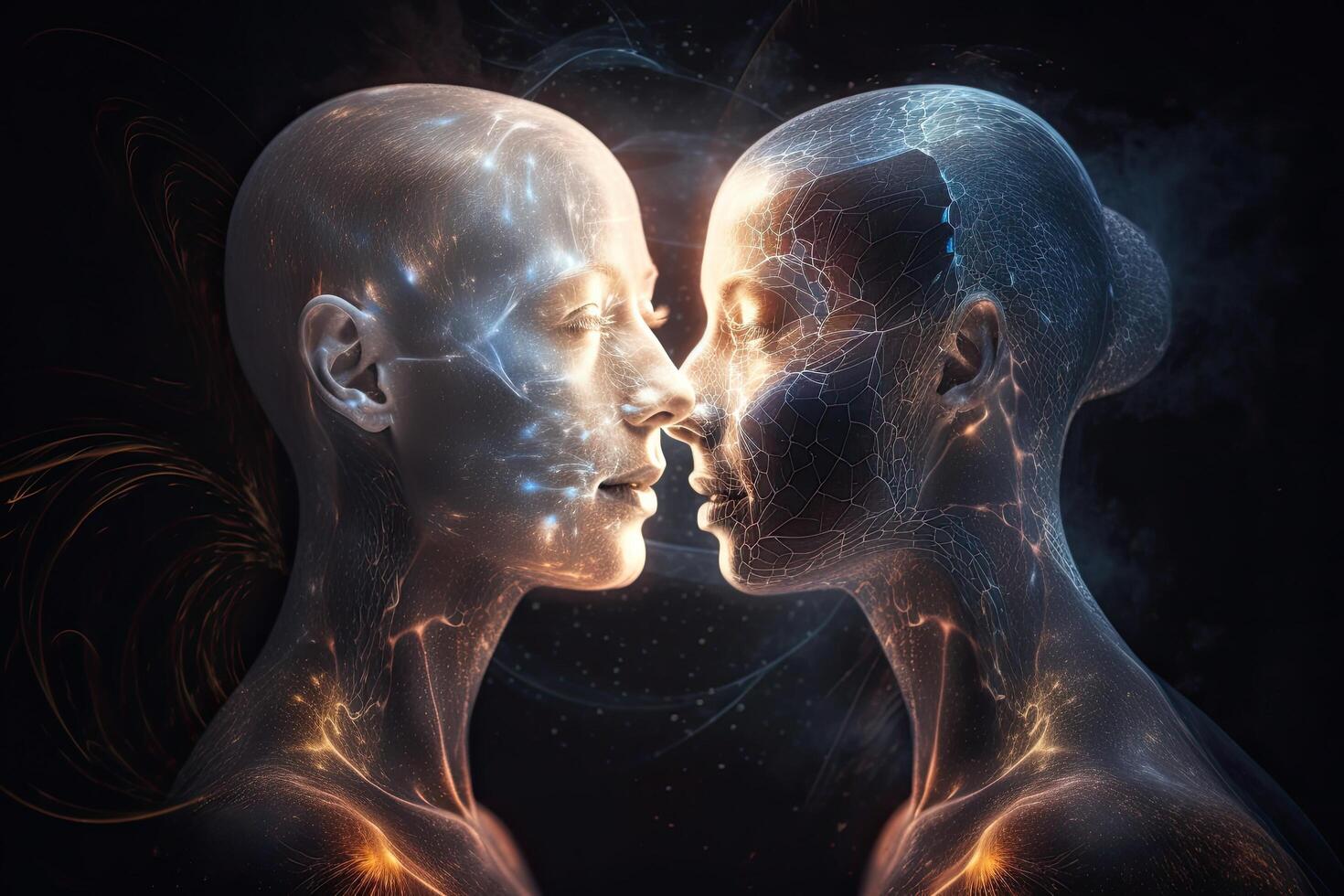 3d prestados ilustración de un masculino y hembra cara en un virtual espacio, humano almas Pareja en amor. astral cuerpo esotérico, ai generado foto