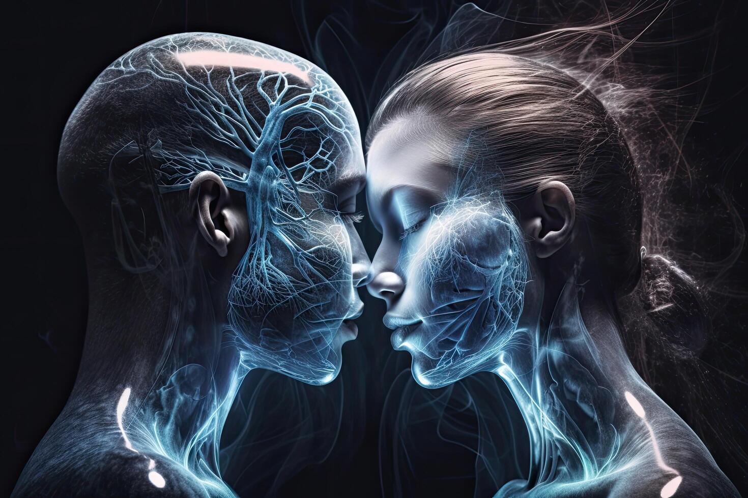Digital composite of Couple in love with digital brain against dark background, Human souls couple in love. Astral body esoteric, photo