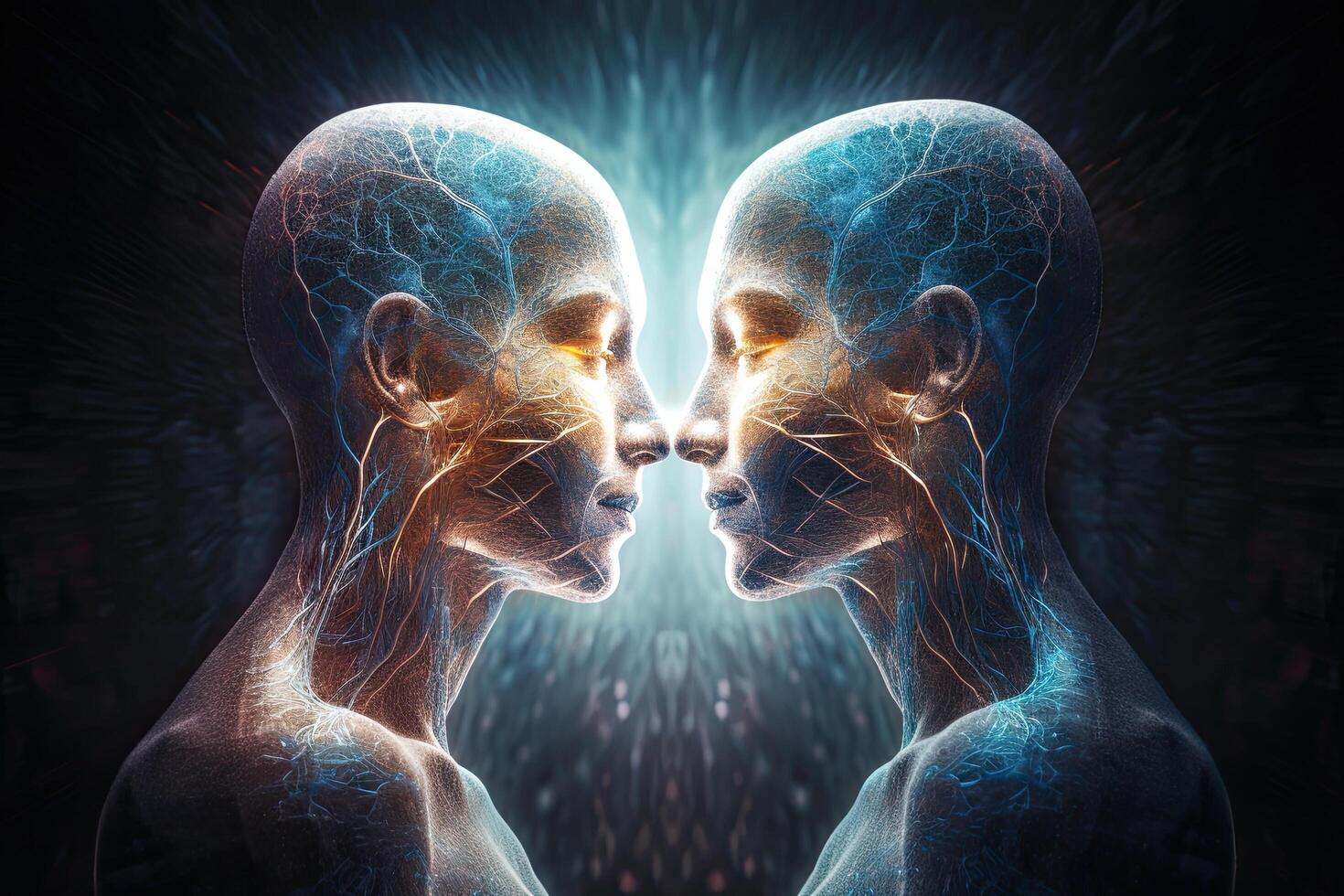 3d prestados ilustración de un hembra y masculino cara frente a cada otro, humano almas Pareja en amor. astral cuerpo esotérico, ai generado foto