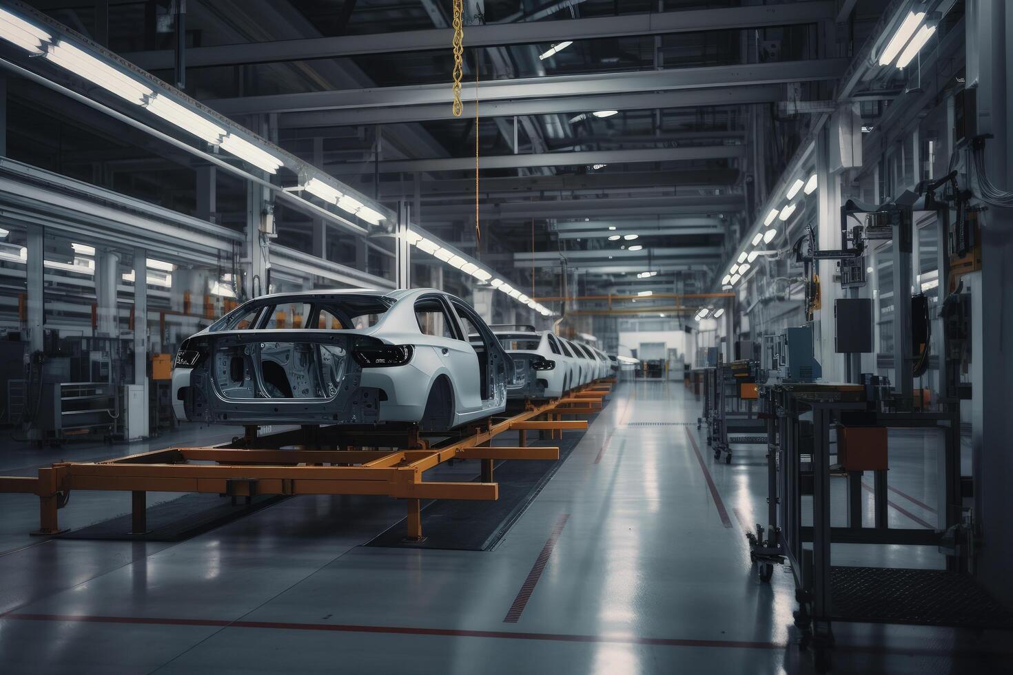 Automotive assembly line in a factory. Assembly line of automobile factory. Industry line modern high tech vehicle assembly place, photo