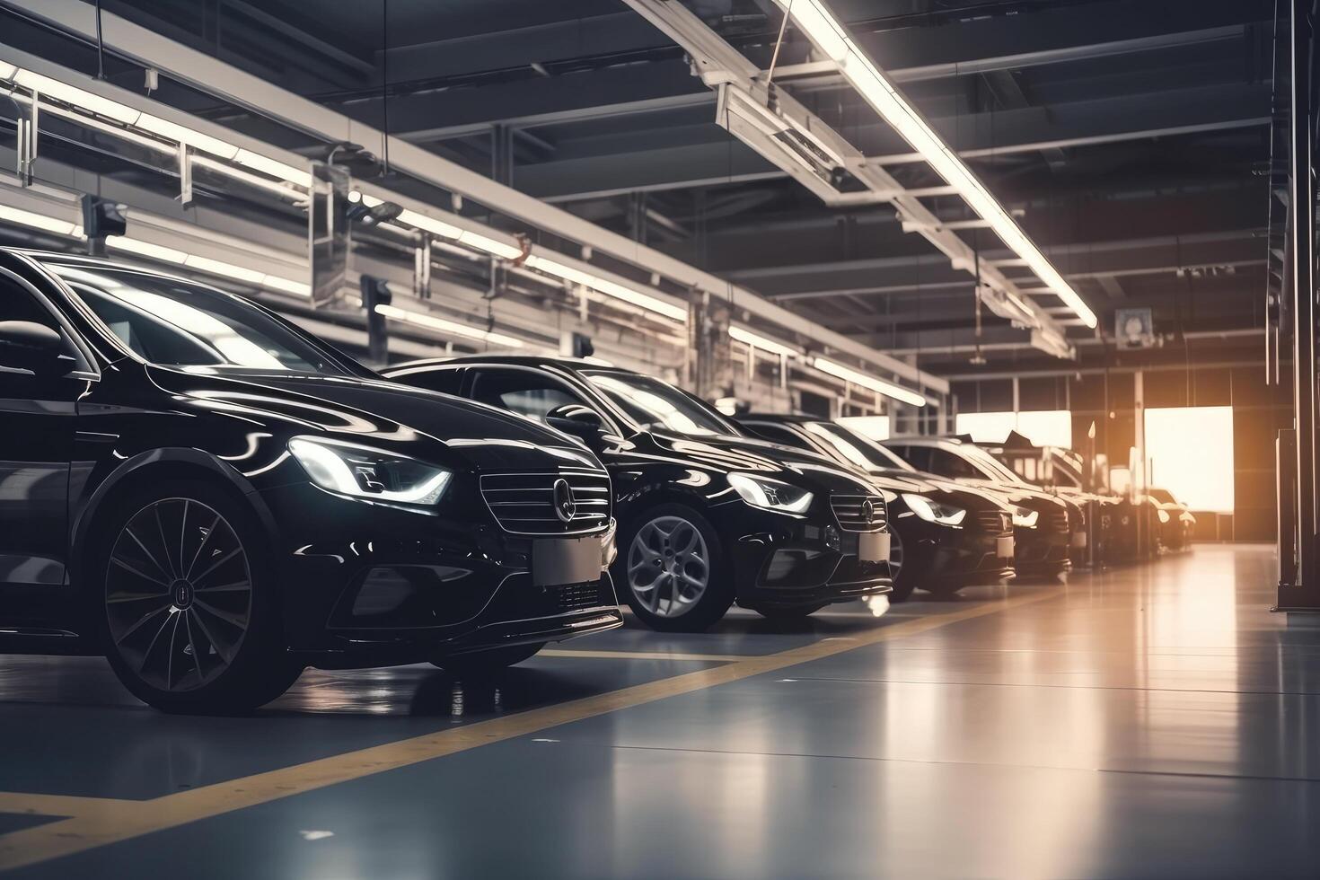 Car parking lot with row of new cars in modern car dealership. Industry line modern high tech vehicle assembly place, photo