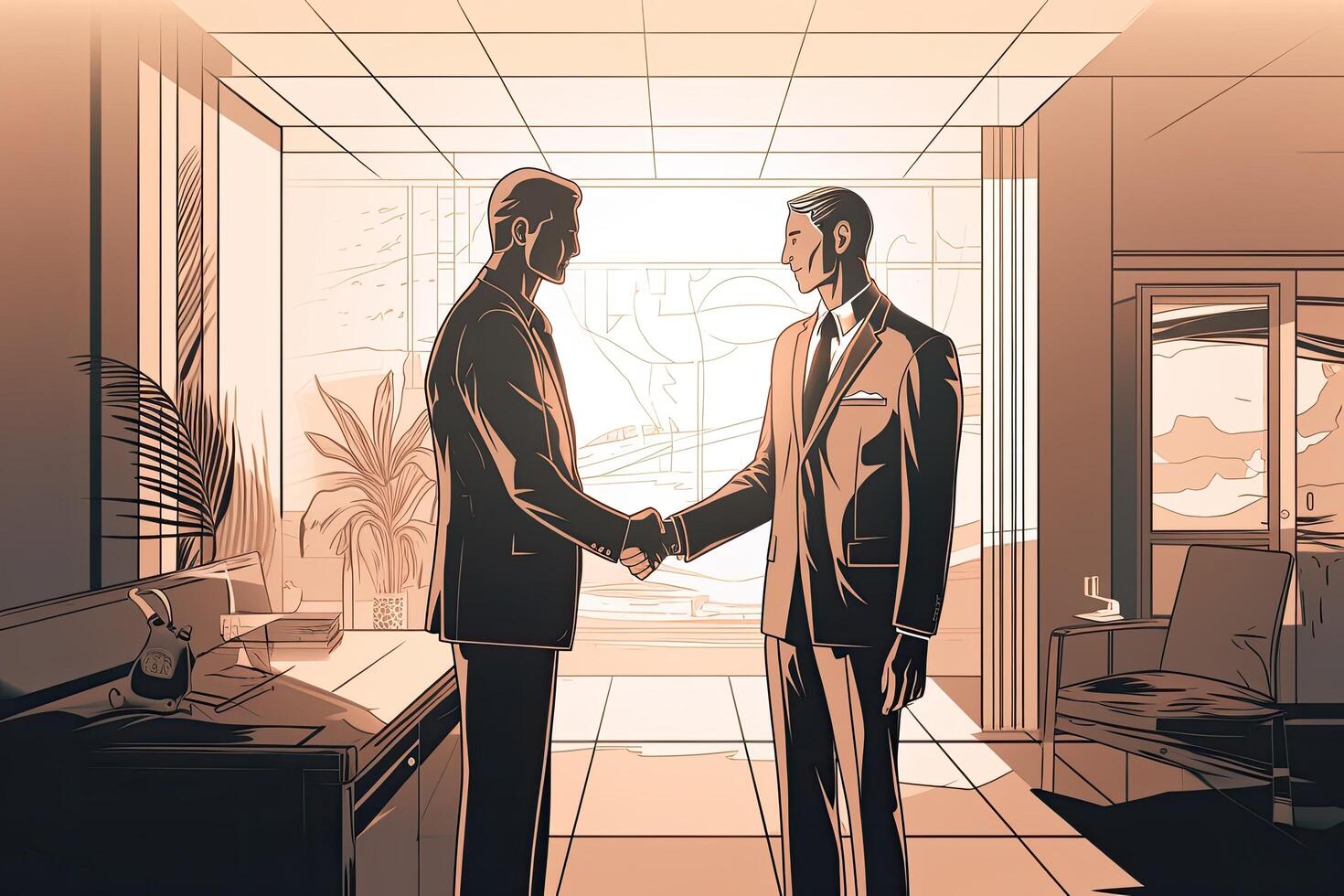 illustration of two businessmen shaking hands in office. Handshake concept. Illustration of Two Businessmen Shaking Hands, photo