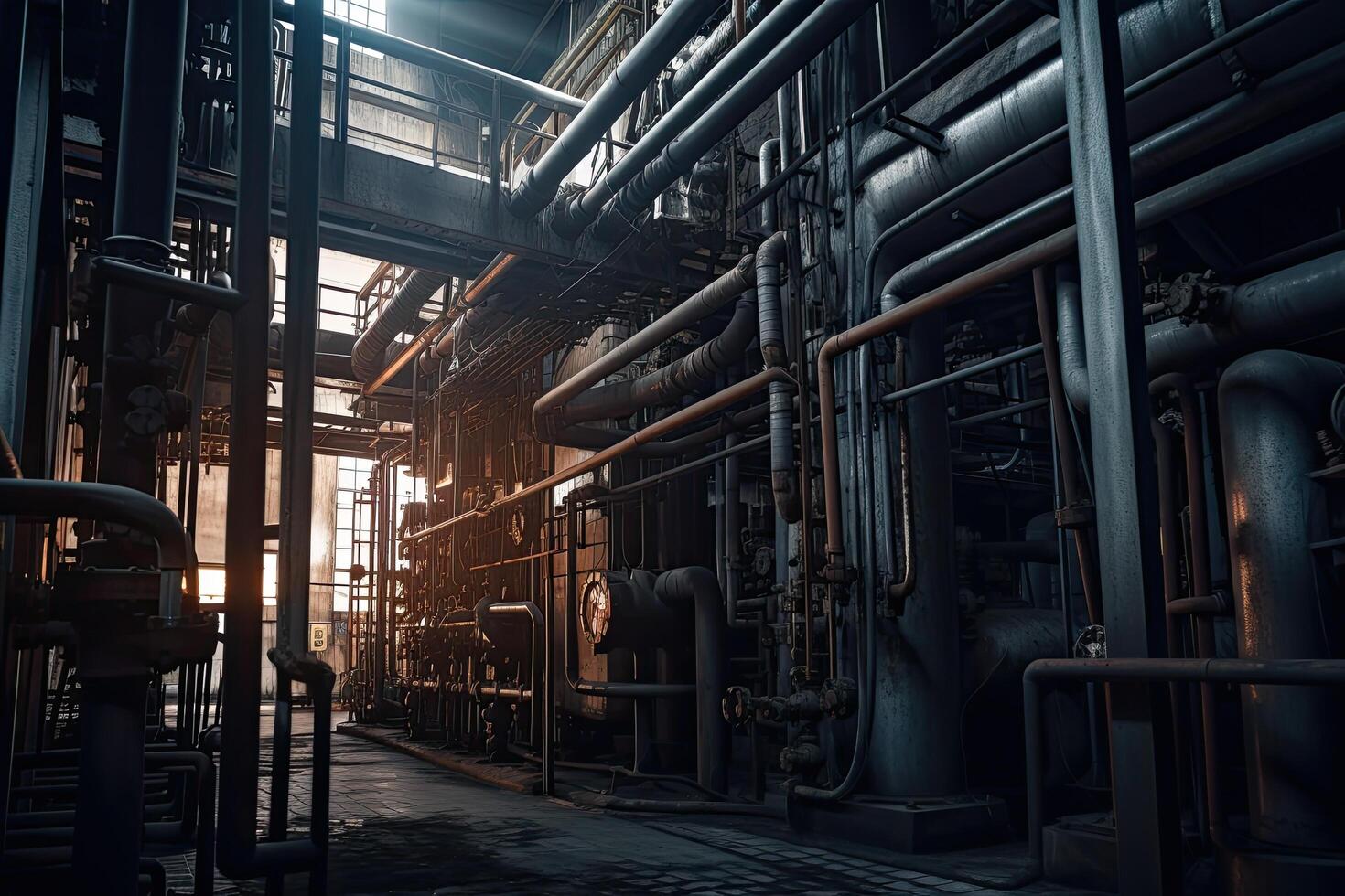 equipo, cables y tubería como encontró dentro de un moderno industrial poder planta, dentro un industrial fábrica con metal tuberías, ai generado foto