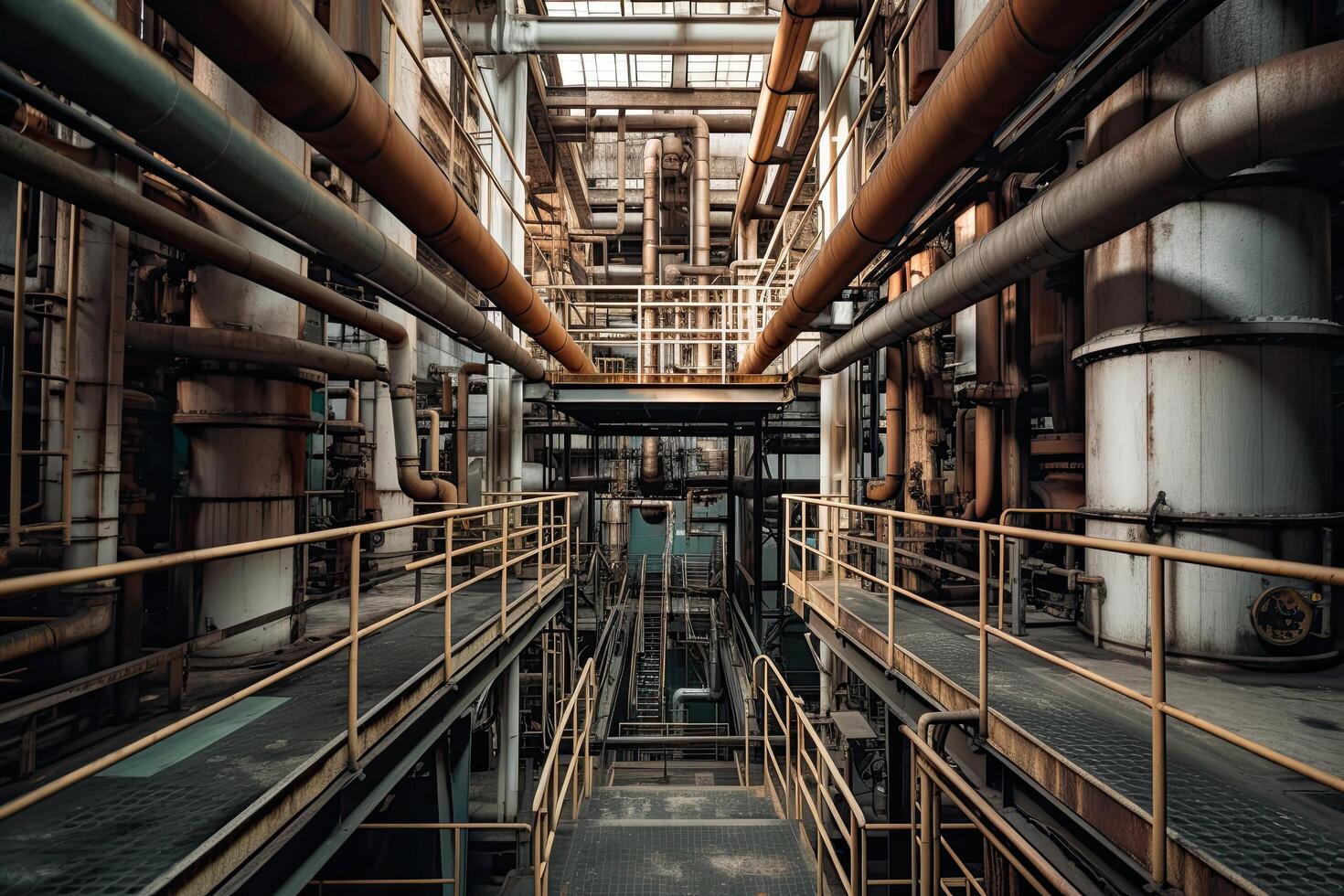 Equipment, cables and piping as found inside of a modern industrial power plant, Inside an industrial factory with metal pipelines, photo