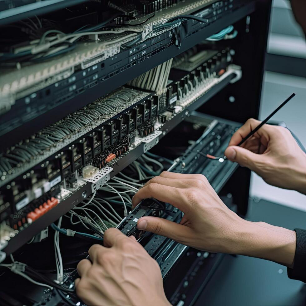 close up of technician hands repairing network switch in datacenter server room, IT Engineer hands close up shot installing fiber cable, photo