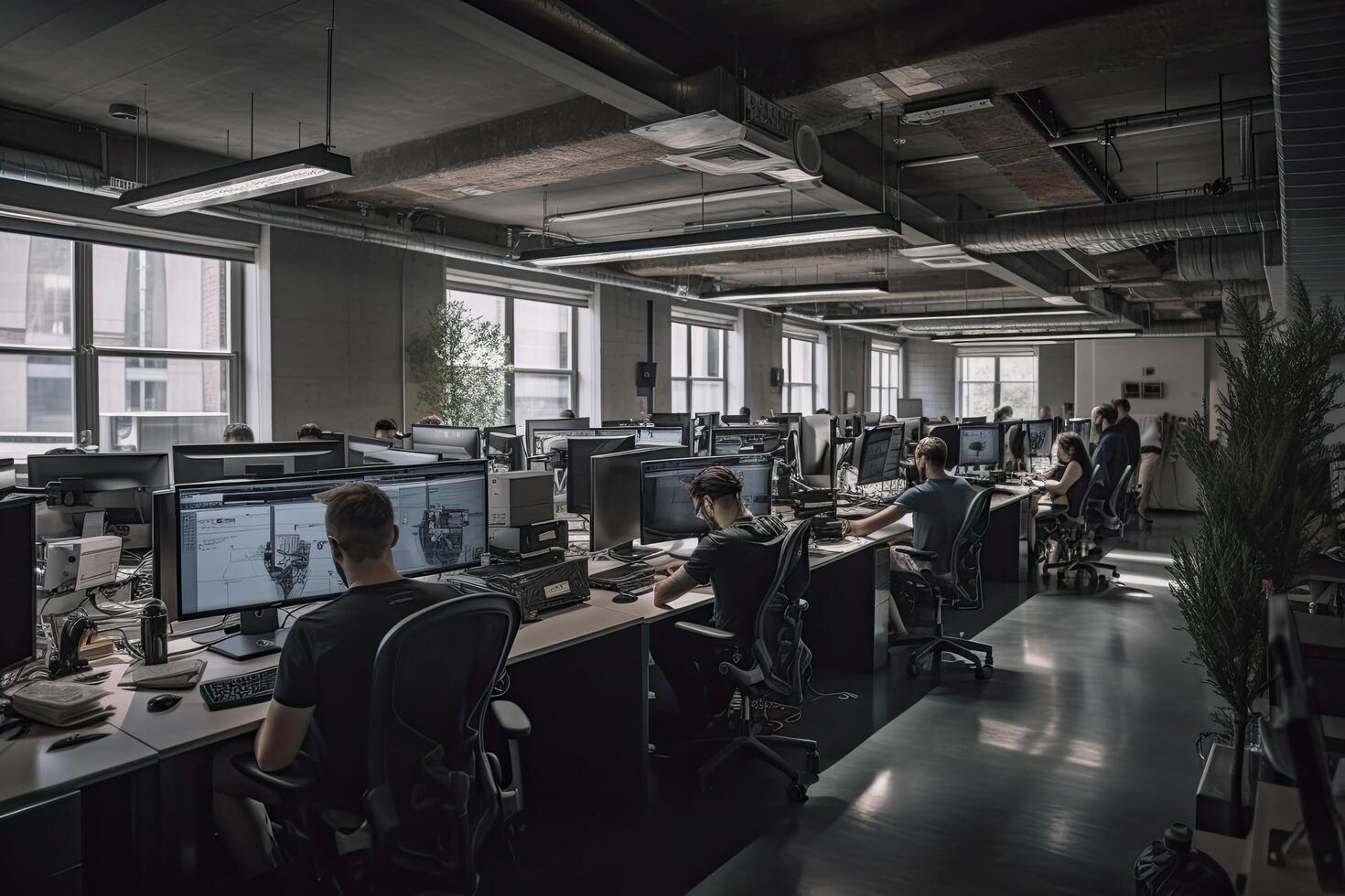 grupo de joven negocio personas en un moderno oficina trabajando en ordenadores. dentro un software empresa oficina y trabajadores vista trasera, ai generado foto