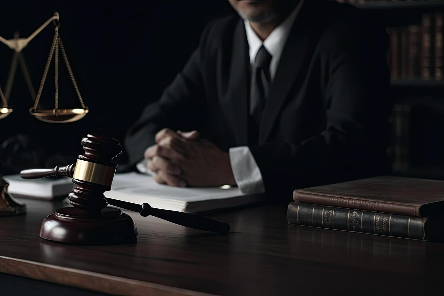 law theme, mallet of judge, wooden gavel and books on the table, Lawyers consultation closeup, photo