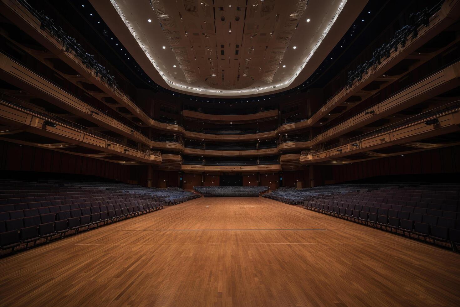 The auditorium of the theater with a wooden floor and seats. A luxurious and huge empty concert hall, photo
