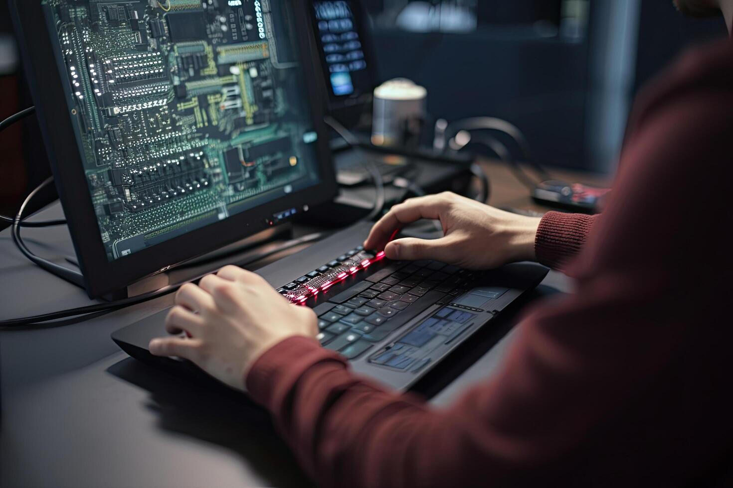Close up of a hacker using a computer to steal information. Male programmer closeup rear view working on a laptop, photo