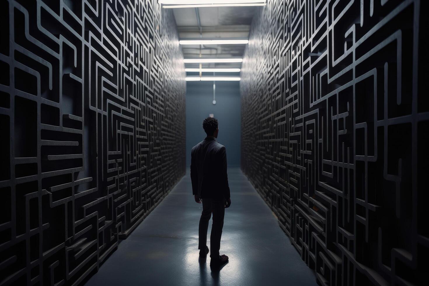 Rear view of businessman looking at a maze in a dark corridor, Man in the maze is looking for a way out, photo