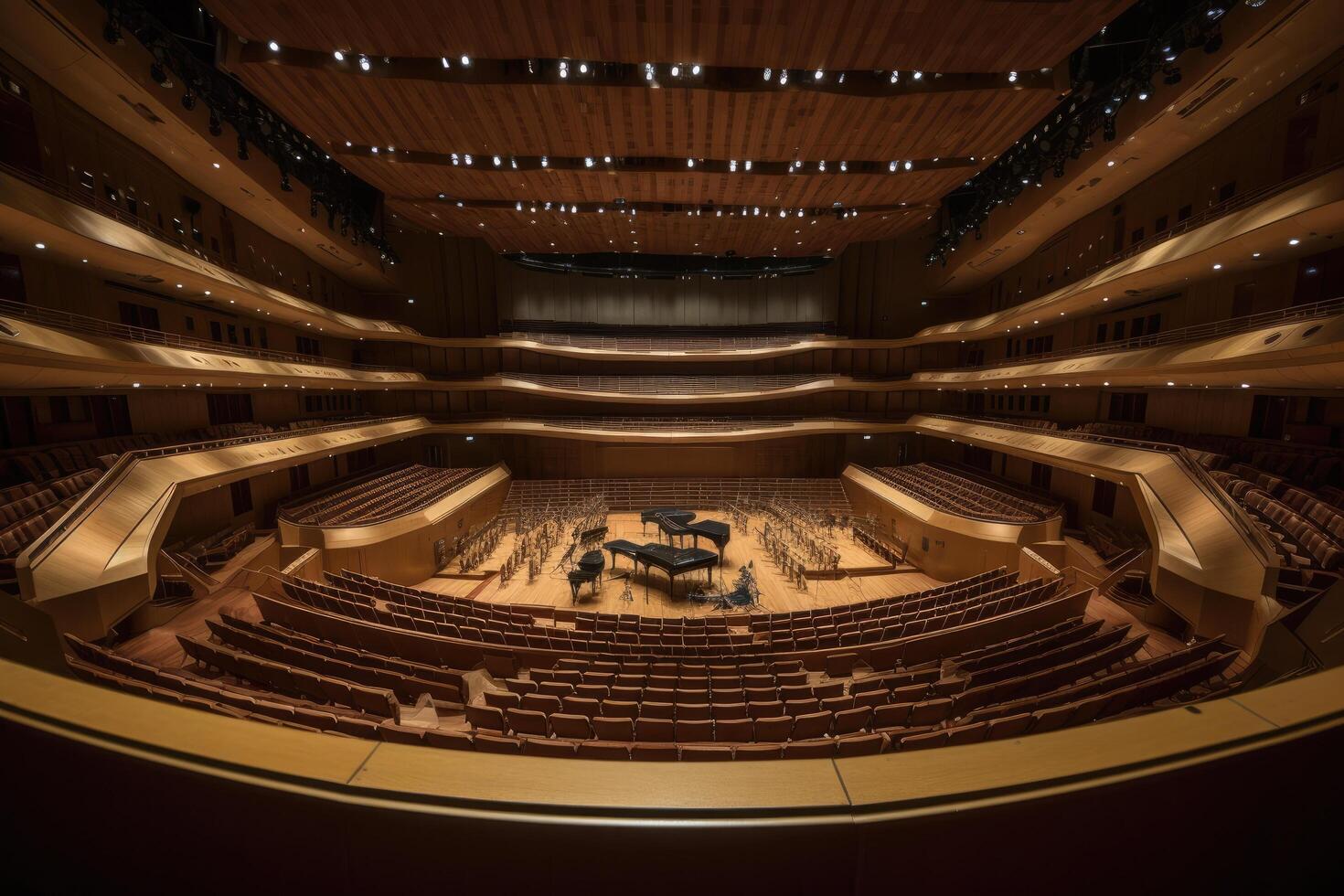 Empty auditorium with seats and lighting in the evening, A luxurious and huge empty concert hall, photo