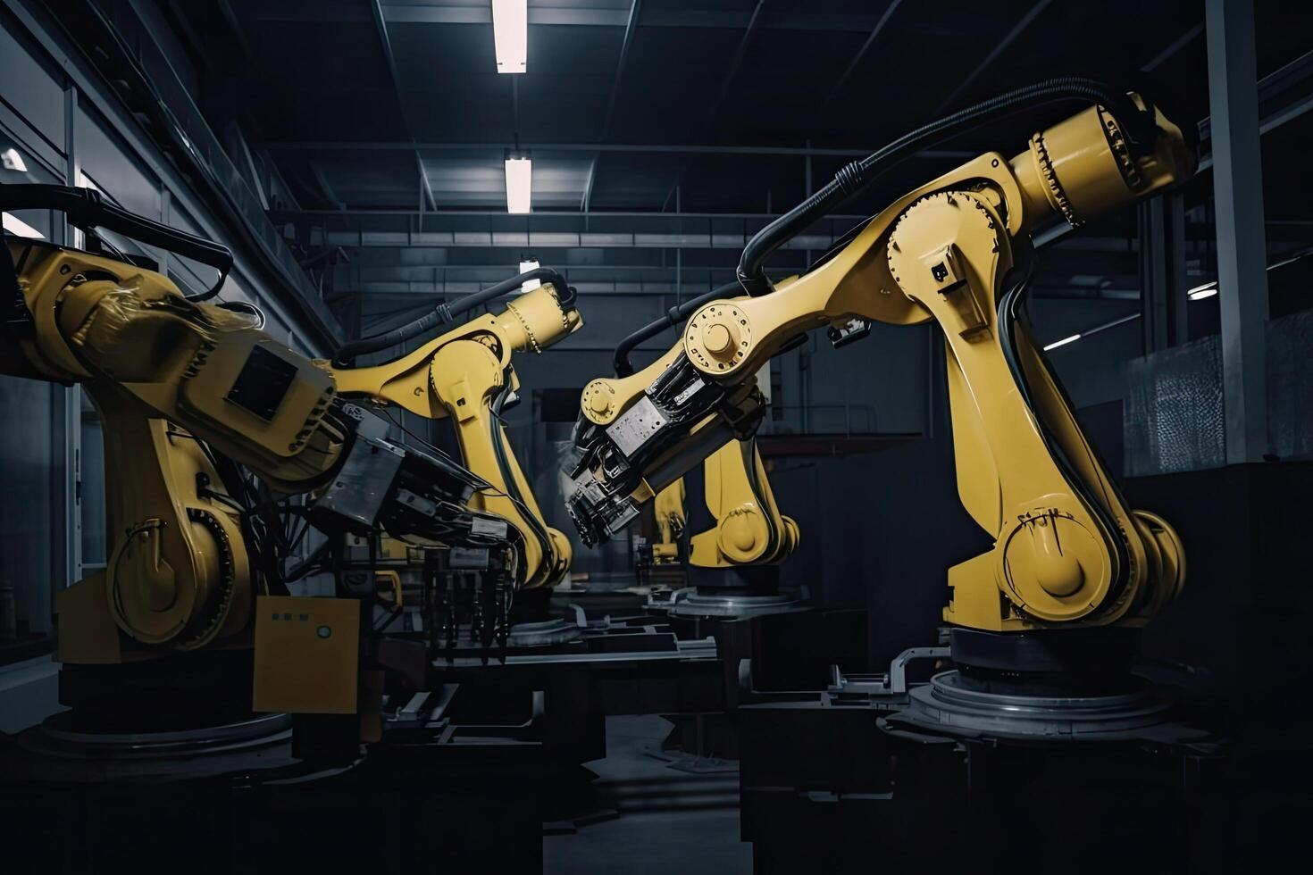 Smart industry robot arms for digital factory production line. Concept of artificial intelligence for industrial revolution, Mechanical robotic arms working in factory, photo