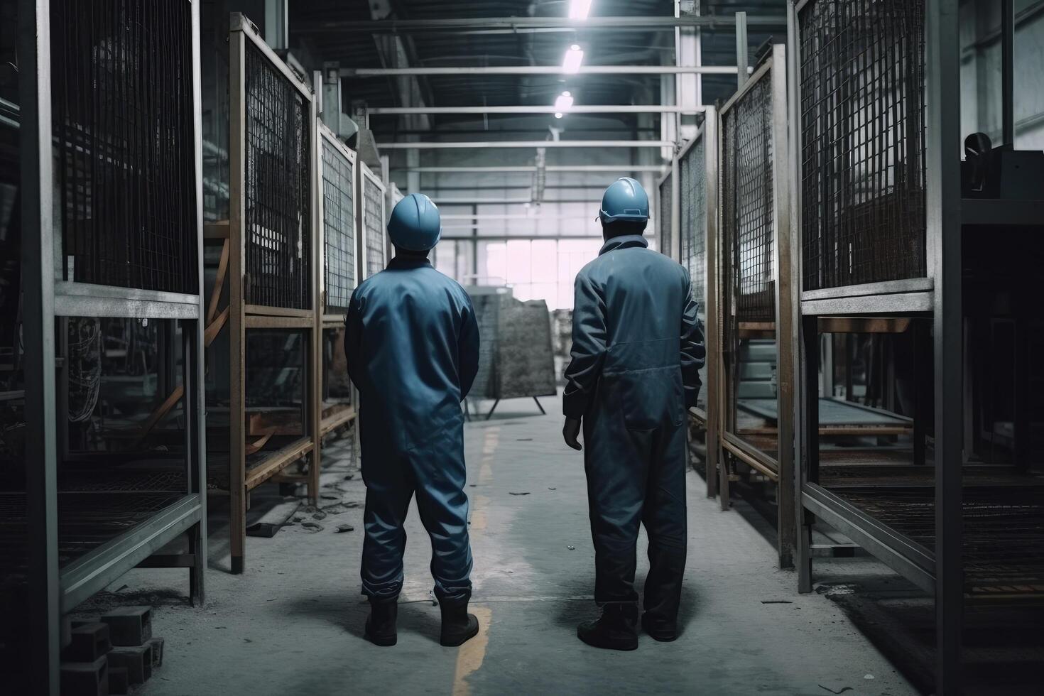 Two factory workers in hard hats and blue overalls are standing in a warehouse. Male manual workers full rear view in a factory, photo