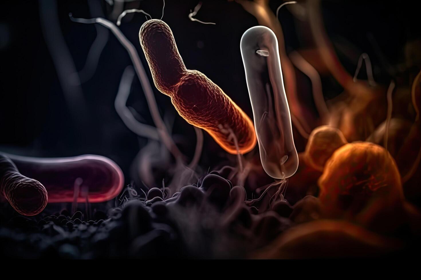 Helicobacter pylori bacterium. 3D rendering, Microorganism cells close up view on a dark background, photo