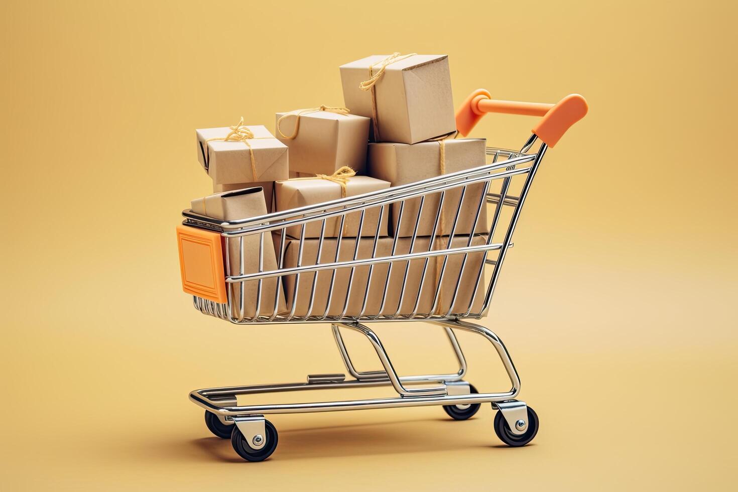 Shopping cart with boxes on a yellow background. 3d rendering, Mini shopping cart with shopping bags and boxes, photo